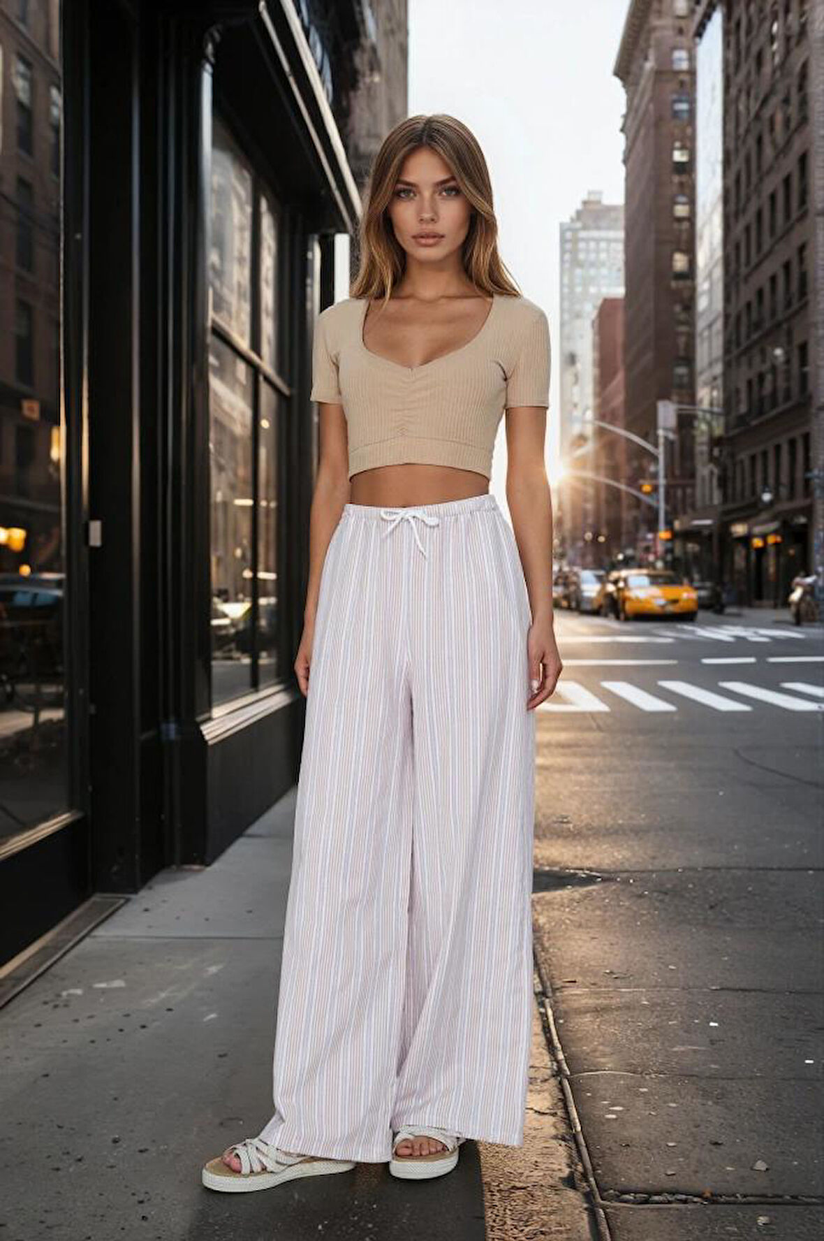 Kadın Bol Paça Poplin Pantolon – Cepli, Beli Bağcıklı, Fisto Detaylı, Rahat Kesim 3757176