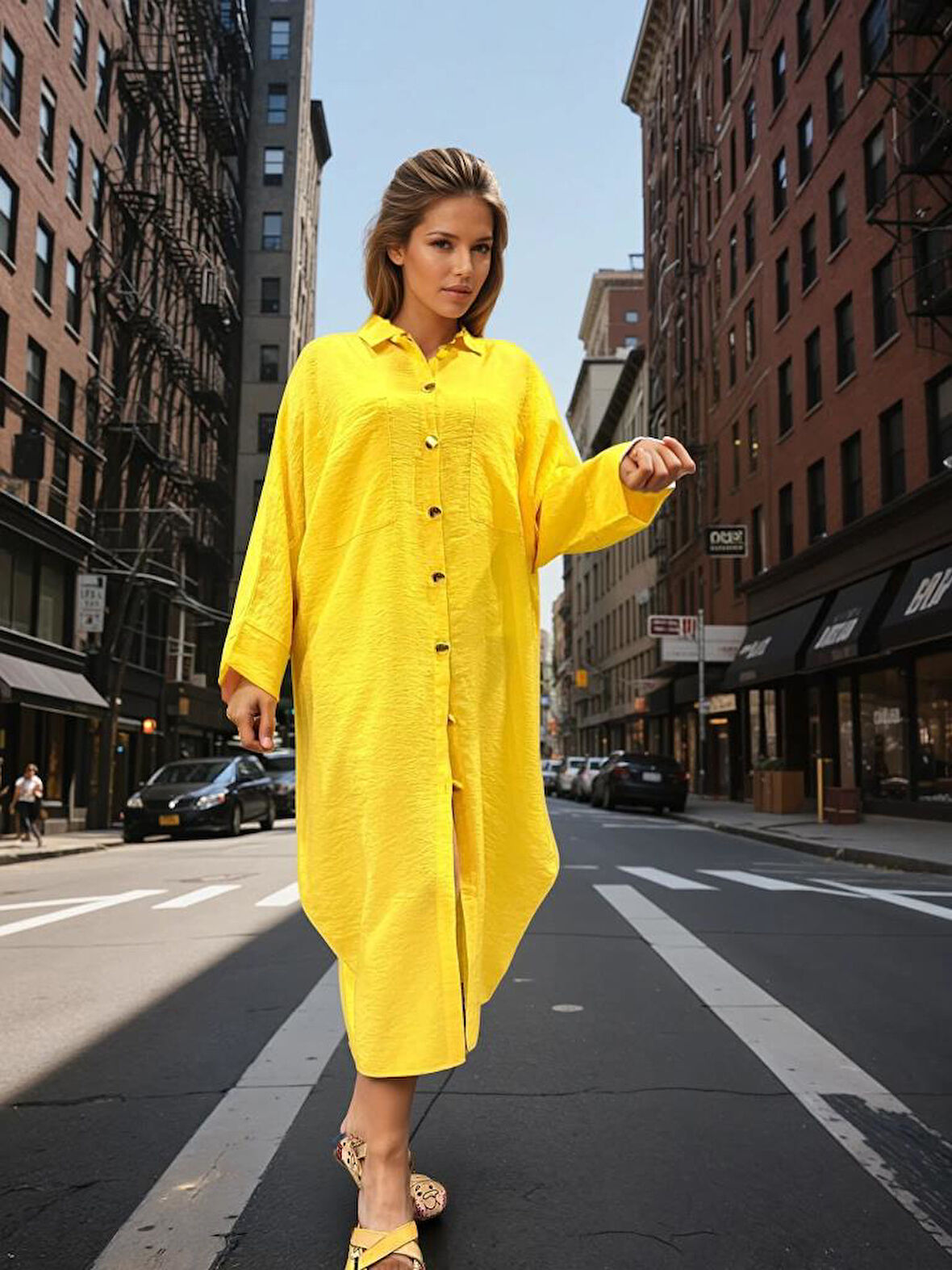 Kadın Yarasa Kol Tesettüre Uygun Gömlek Elbise Keten Karışımlı Tunik 3282420