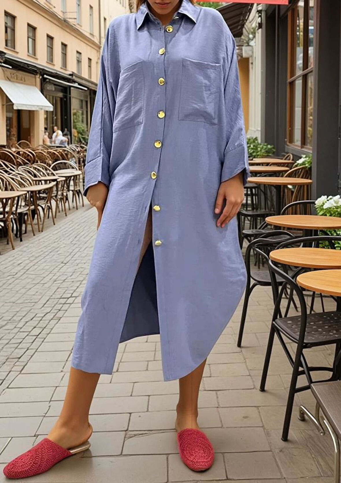 Kadın Yarasa Kol Tesettüre Uygun Gömlek Elbise Keten Karışımlı Tunik 3282420