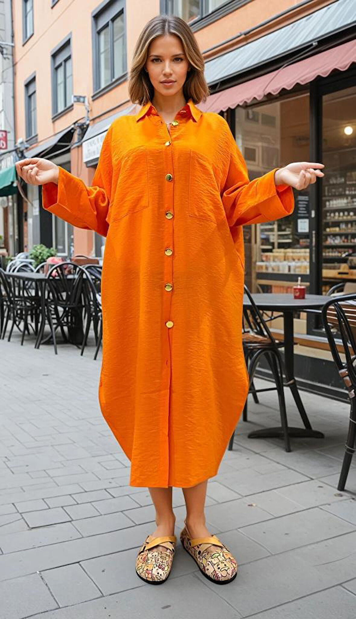 Kadın Yarasa Kol Tesettüre Uygun Gömlek Elbise Keten Karışımlı Tunik 3282420