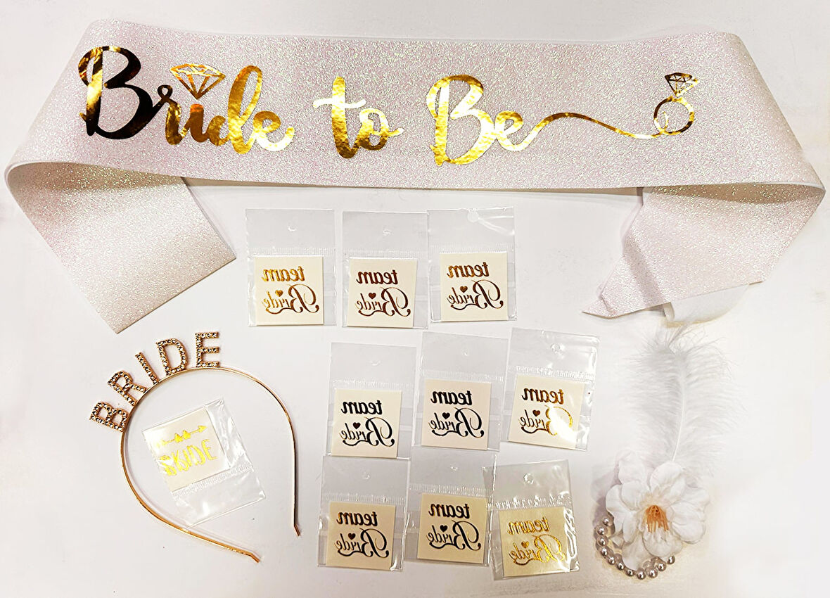 Altın Renk Bride Partisi Taç Kuşak Dövme Bileklik Seti Full 13 Parça  GO506089Gosa4793