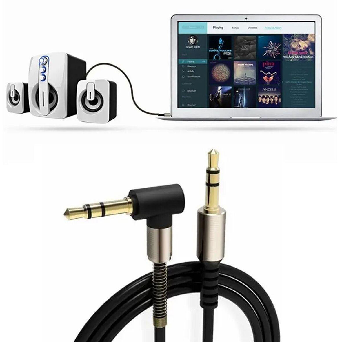 3.5mm AUX Kablosu Jak Erkek Erkek L Tipi 1 Metre Ses Aktarım Kablosu  GO506089BQ55YT4720