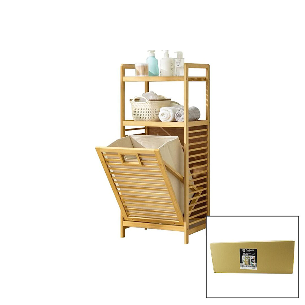 2 RAFLI - AHŞAP BAMBU KİRLİ ÇAMAŞIR ÇEK AÇ SEPETİ SPT=40X30X53CM RAF=31CM+53+11=Y=95CM (5060)