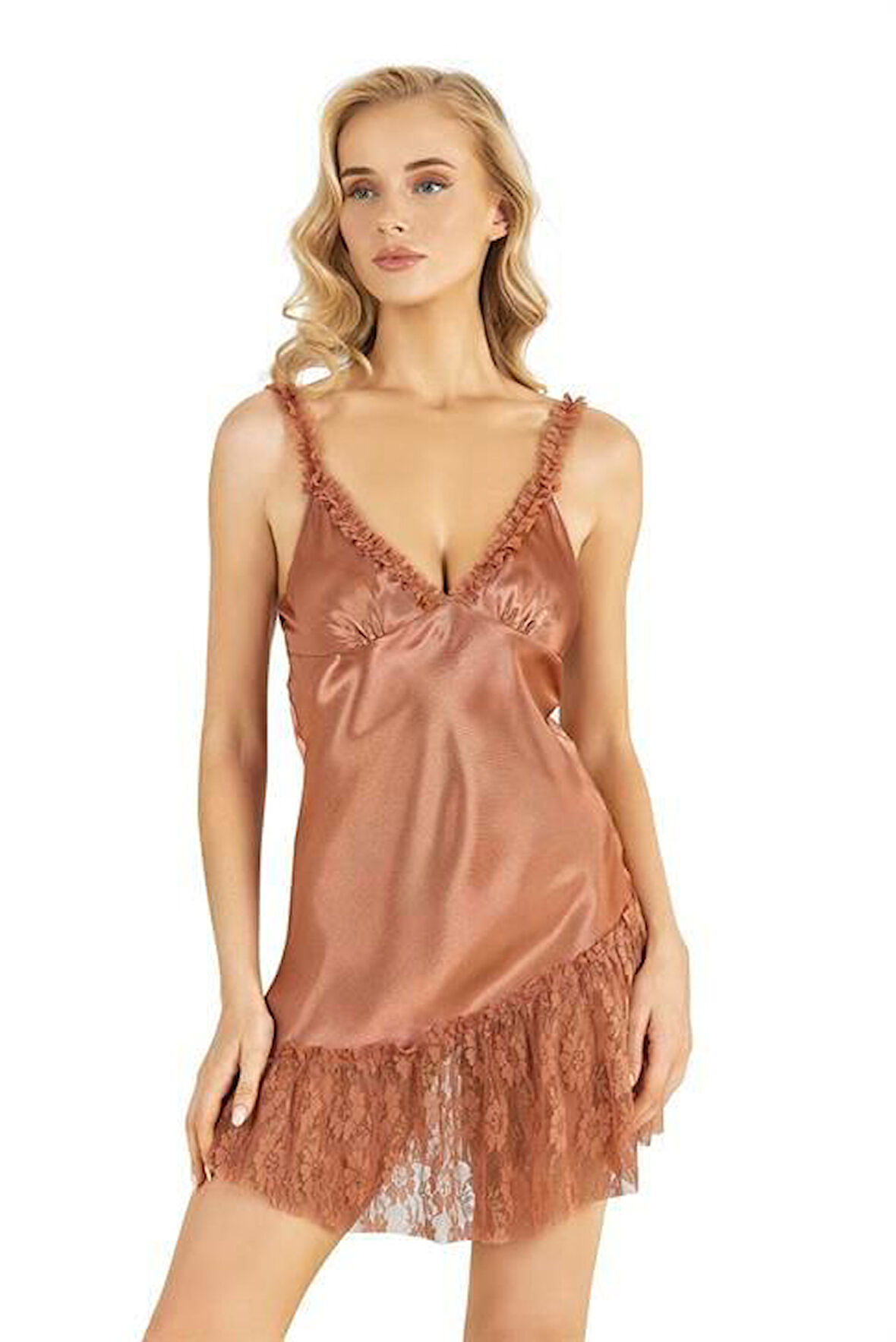 Arias Closet Bakır Kısa Saten Gecelik 8238 OZN-22639