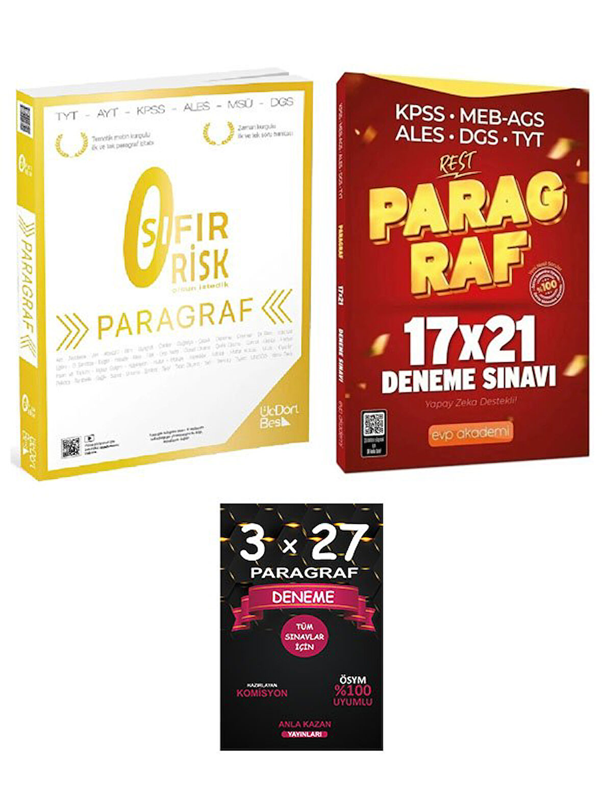 Üç Dört Beş + EVP Akademi 2025 YKS TYT AYT KPSS Paragraf 0 Sıfır Risk Soru Bankası + 21 Deneme 2 li Set