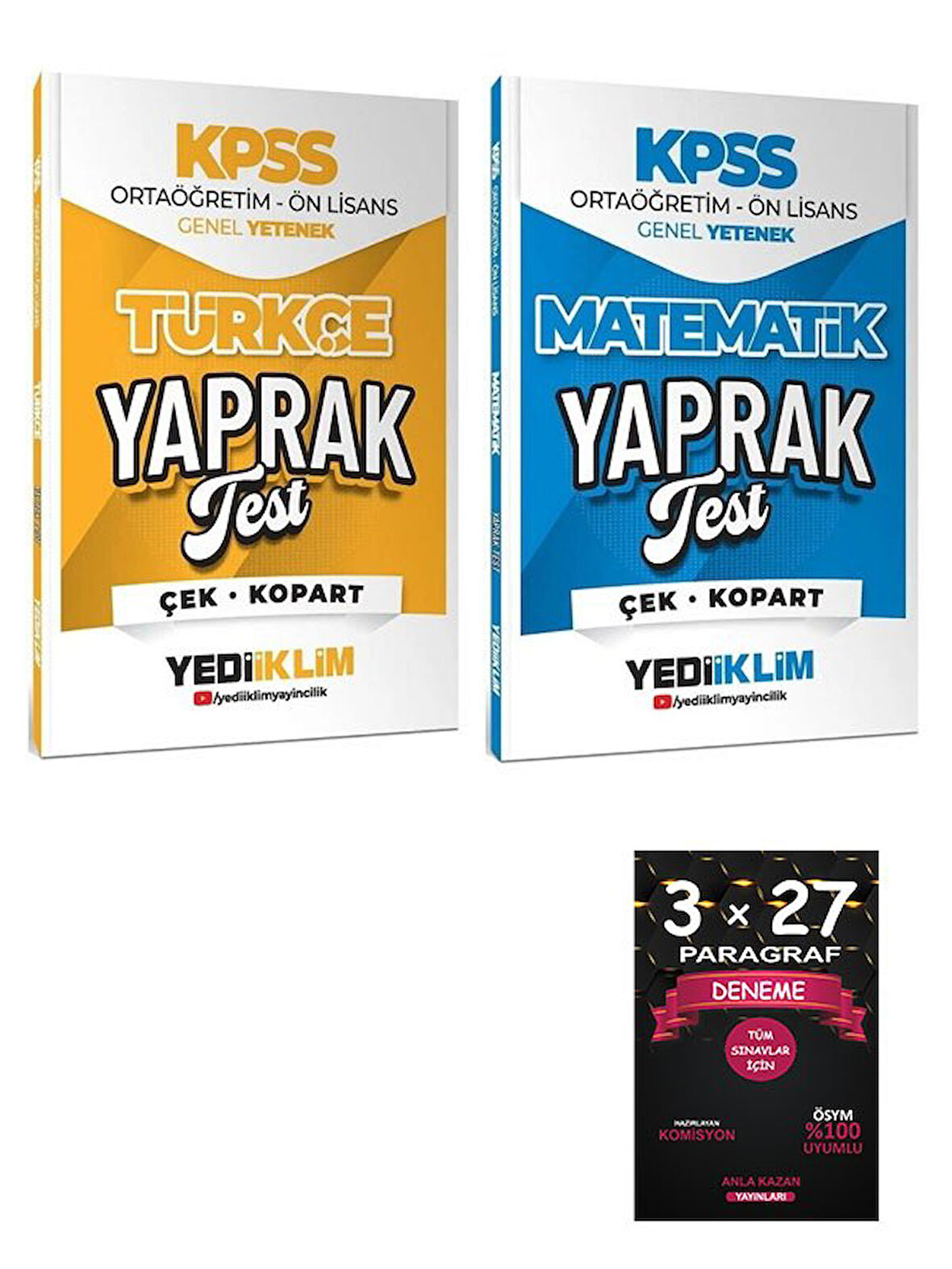 Yediiklim 2026 KPSS Lise Ortaöğretim Ön Lisans Türkçe + Matematik Yaprak Test 2 li Set