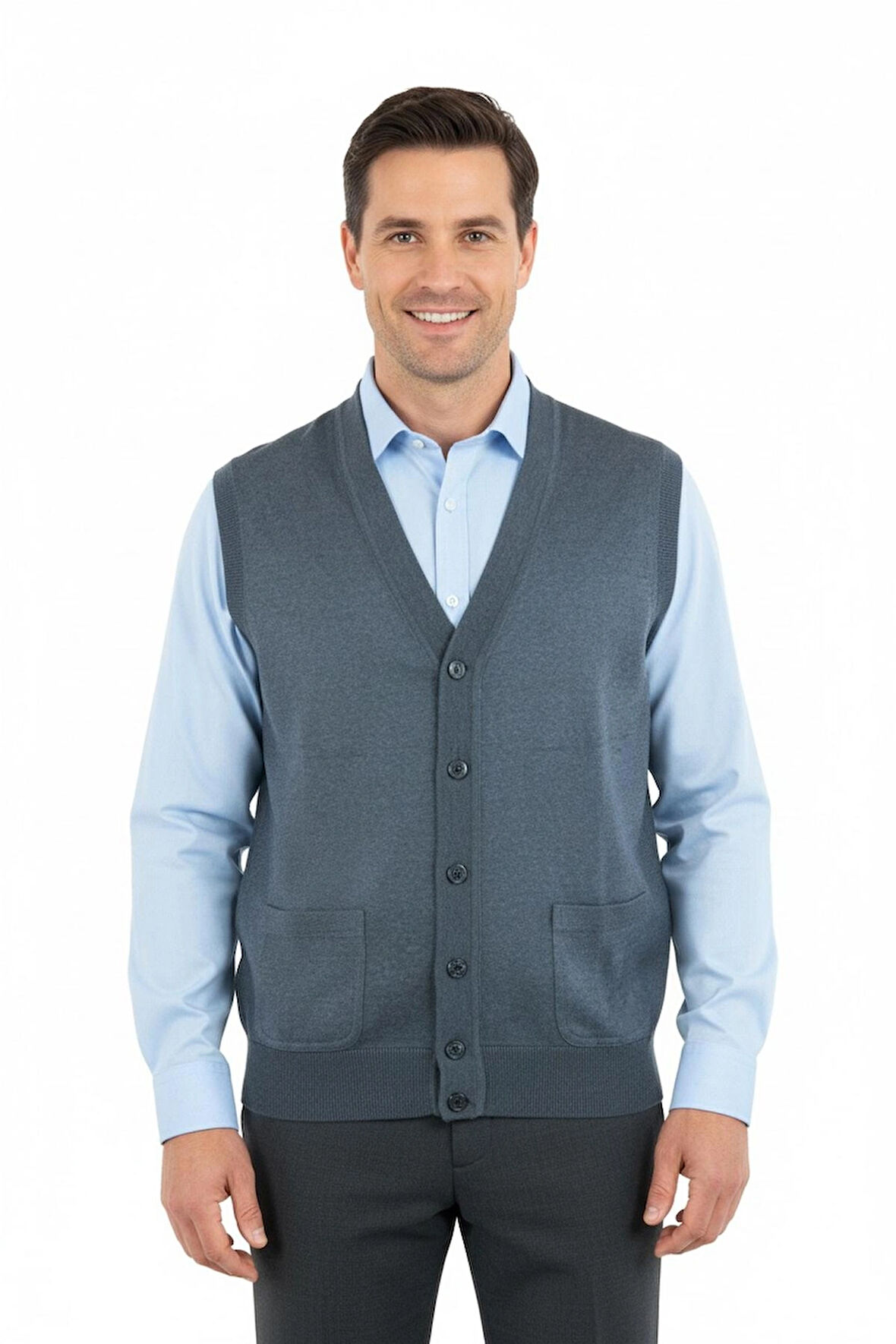 Oppland Erkek V Yakalı Düğmeli Çift Cepli Klasik Model Rahat Kesim ince Yünlü Dokuma Yelek