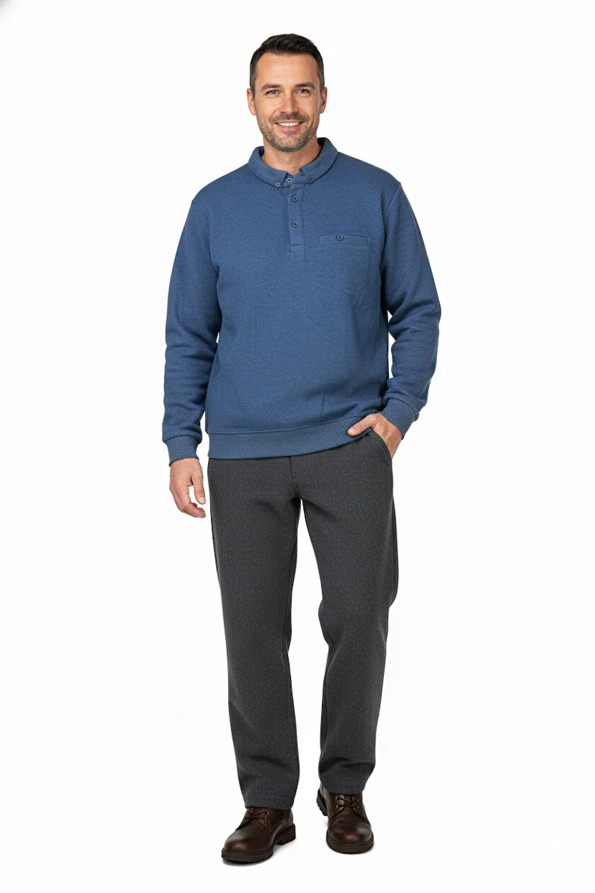 Oppland Erkek Kışlık Kazak Polo Yaka Oxford Fleto Cepli Dokulu Rahat Kesim Tam Kalıp