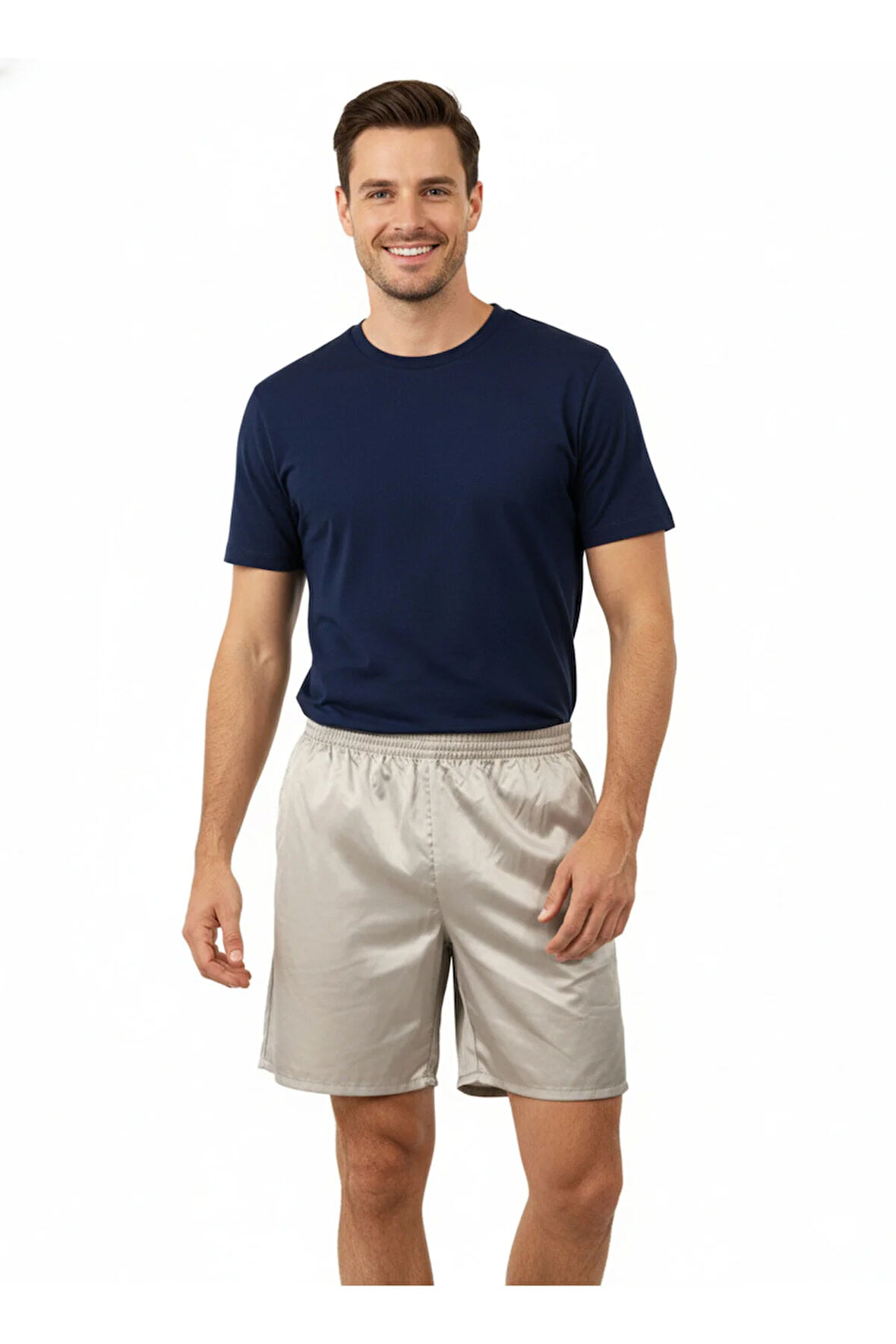 Oppland Erkek Saten Kumaş Şort Düz Renk Beli Lastikli Cepsiz Rahat Kesim Hafif Kumaş