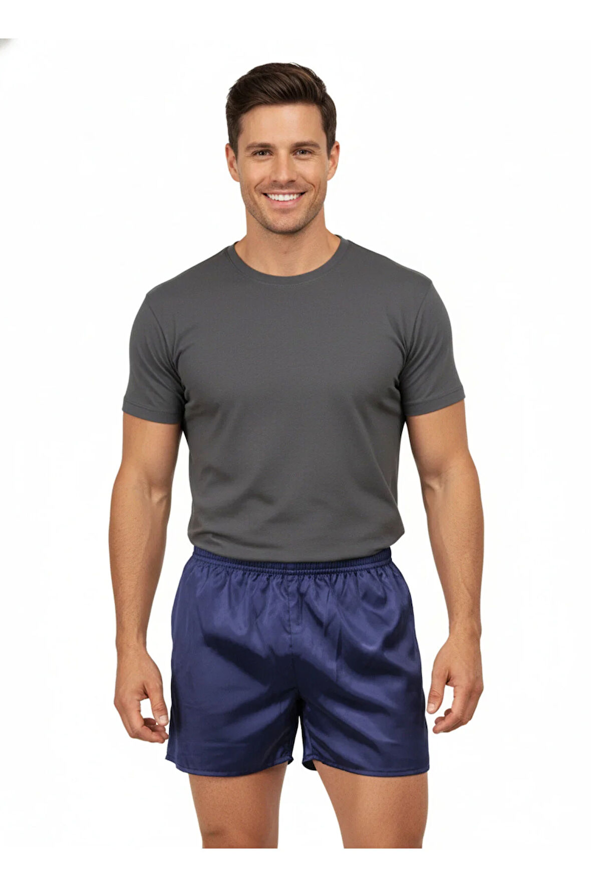 Oppland Erkek Saten Kumaş Şort Düz Renk Beli Lastikli Cepsiz Rahat Kesim Hafif Kumaş