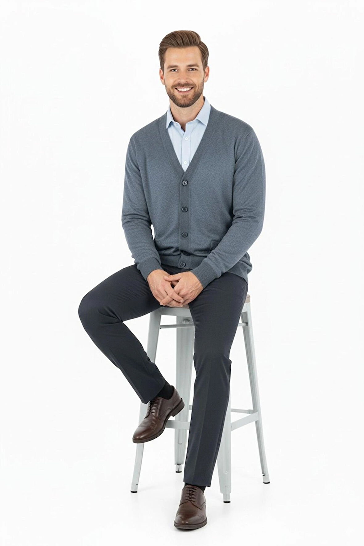 Oppland Erkek V Yakalı Düğmeli Çift Cepli Klasik Model Rahat Kesim ince Yünlü Dokuma hırka