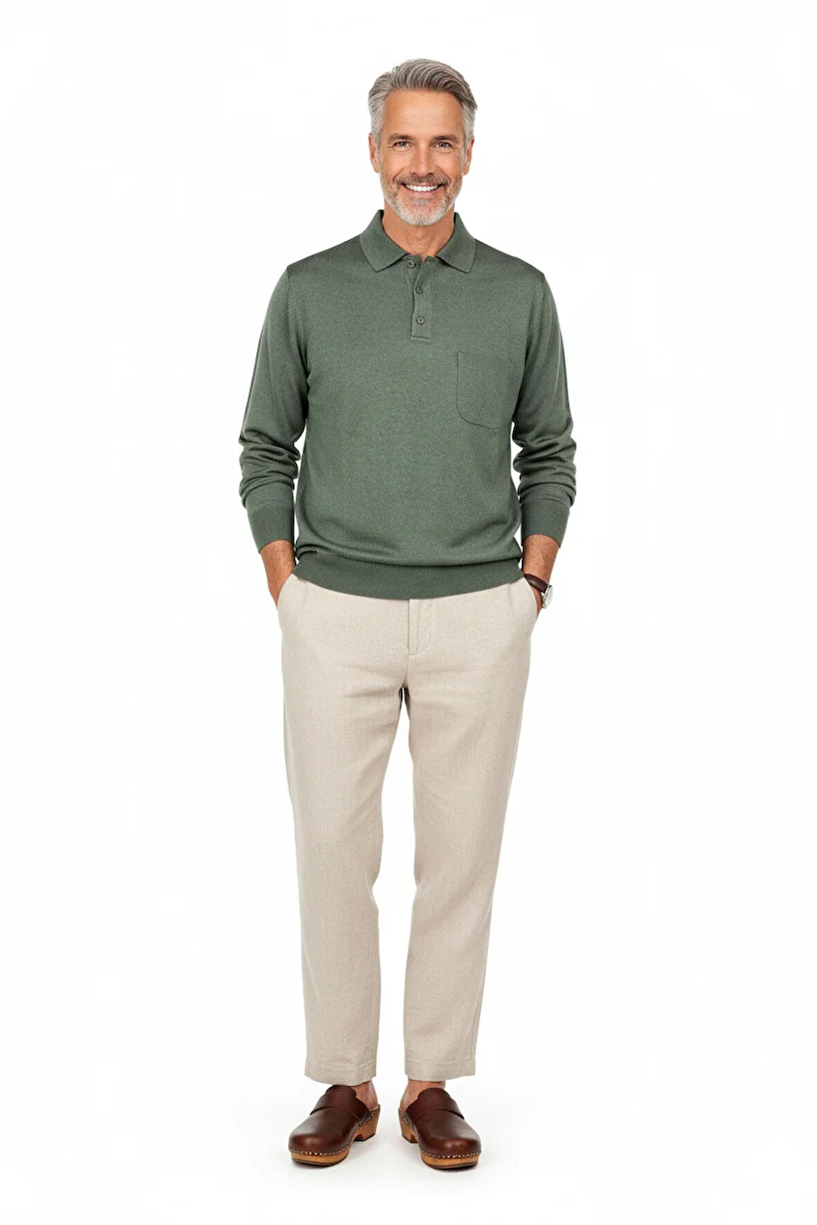 Oppland Erkek Kazak Premium Yün Tarzı Klasik Polo Yaka Düğmeli Cepli Rahat Tam Kalıp