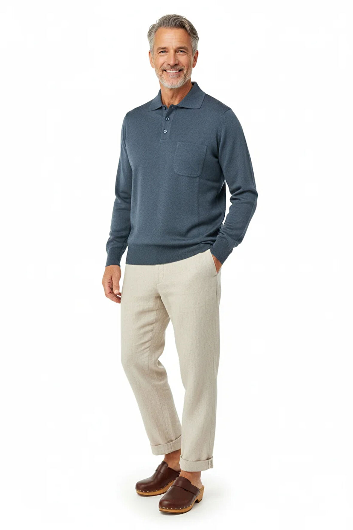 Oppland Erkek Kazak Premium Yün Tarzı Klasik Polo Yaka Düğmeli Cepli Rahat Tam Kalıp