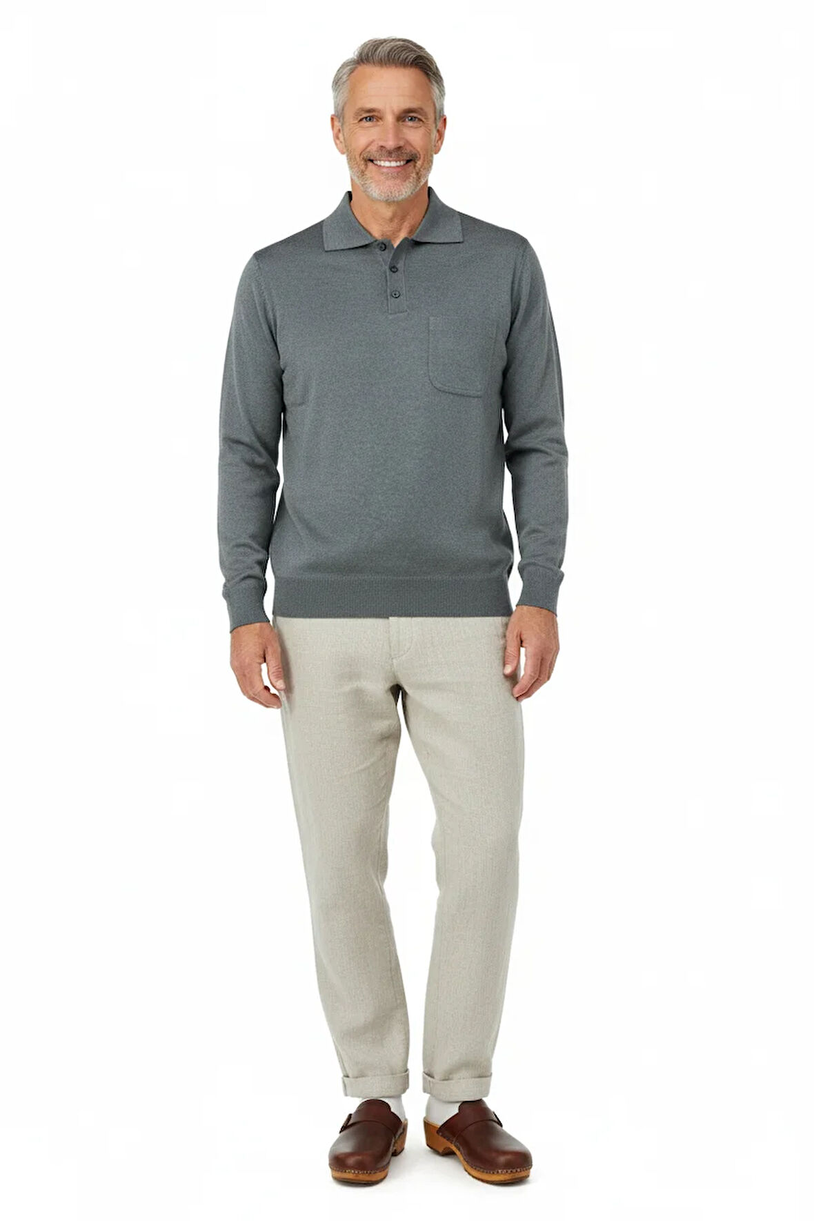 Oppland Erkek Kazak Premium Yün Tarzı Klasik Polo Yaka Düğmeli Cepli Rahat Tam Kalıp