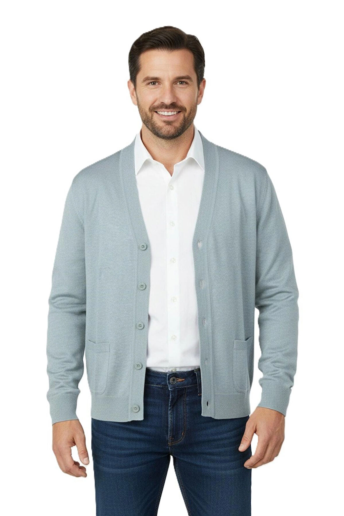 Oppland Erkek Hırka Yünlü Dokuma V Yakalı Düğmeli Çift Cepli Klasik Model Rahat Tam Kalıp