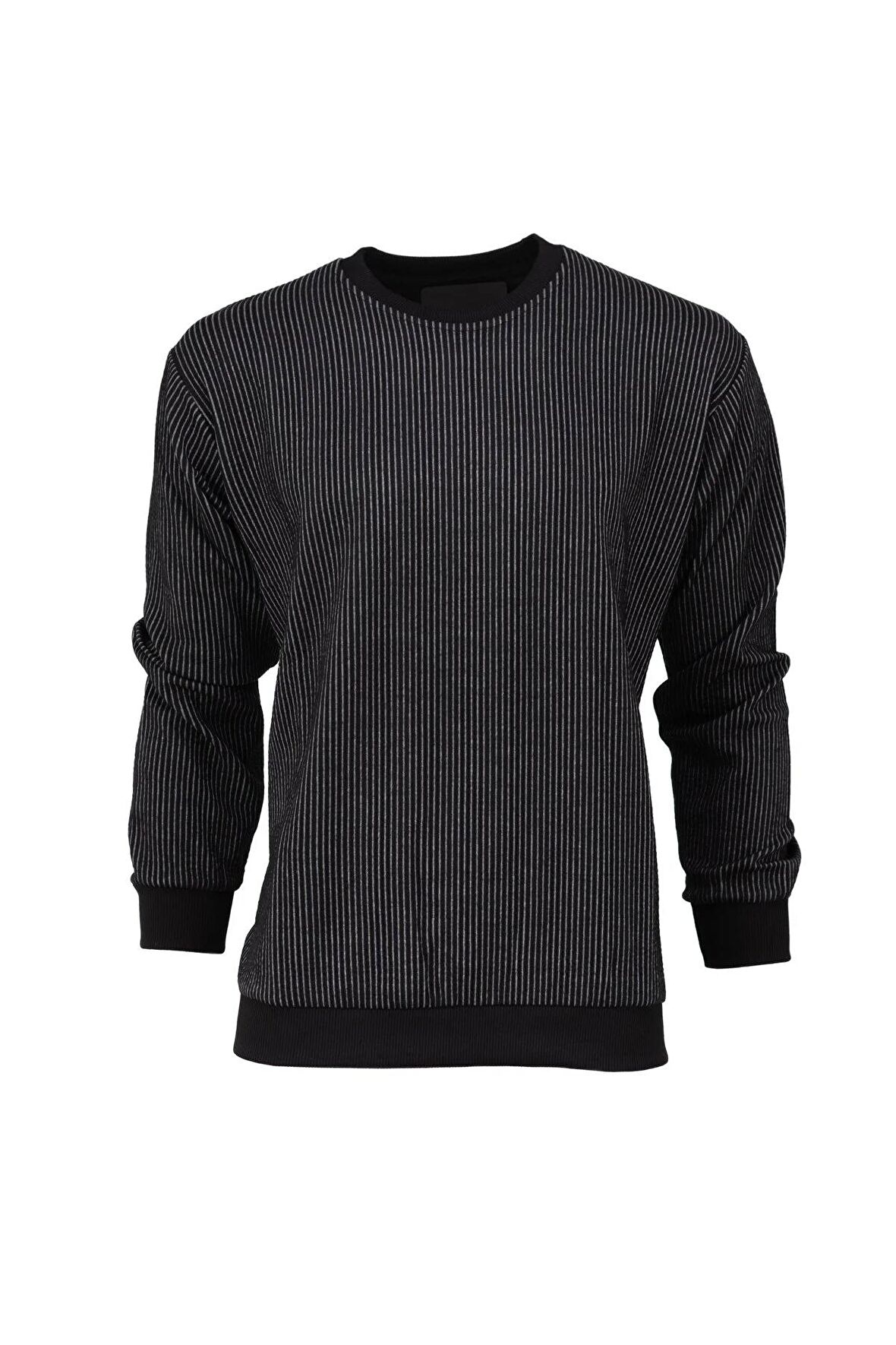 Erkek Mevsimlik Doğal Pamuklu Sweatshirt Bisiklet Yaka Çizgili Rahat Kesim Tam Kalıp