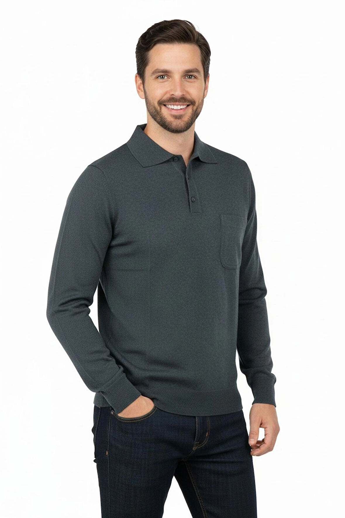 Oppland Erkek Kazak Polo Yaka Yün Tarzı Dokuma Cepli Klasik Model Tam Kalıp