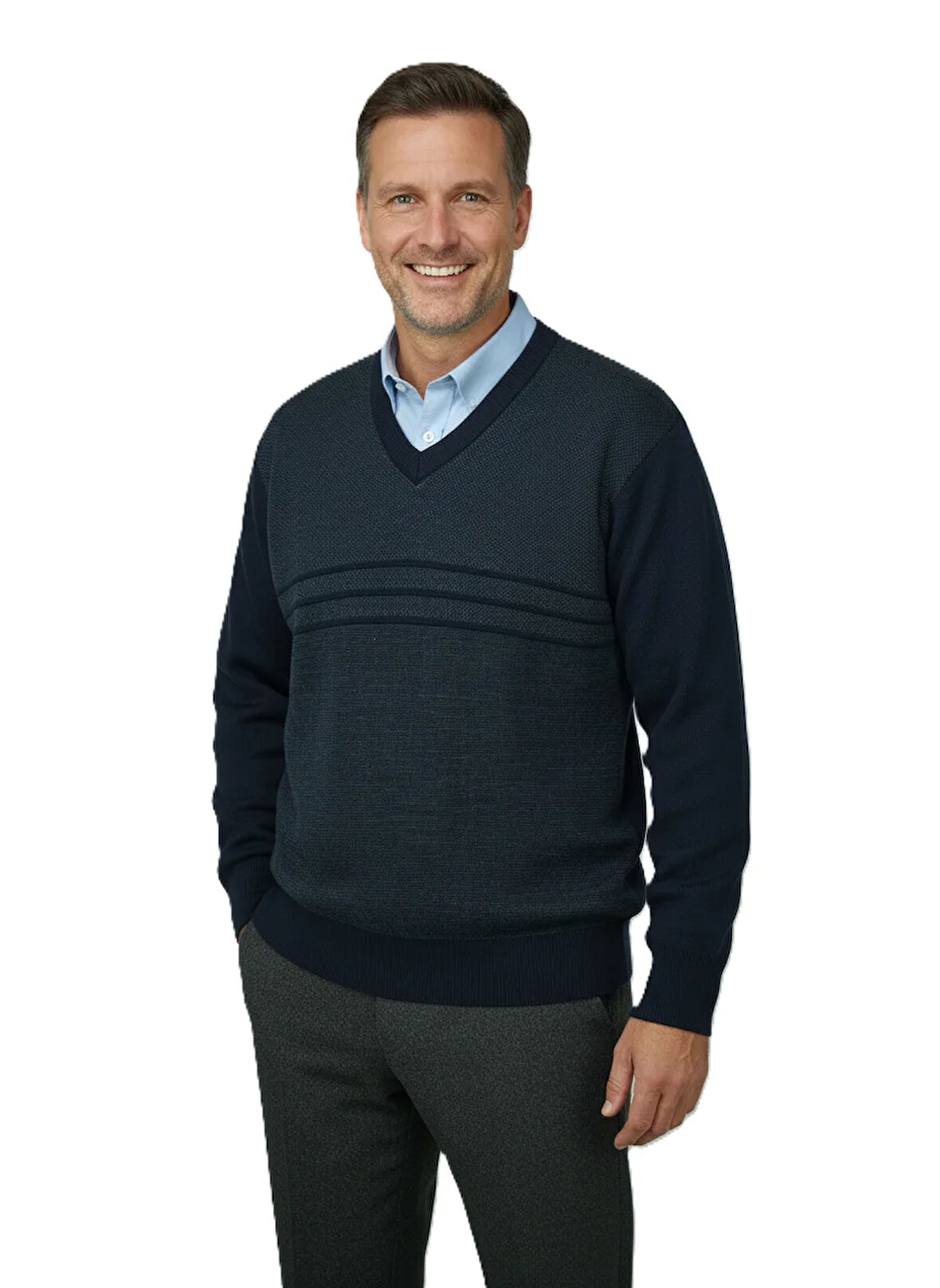 Oppland Erkek Kışlık Kazak Rahat Kesim Triko Dokuma V Yaka Desenli Klasik ve Şık