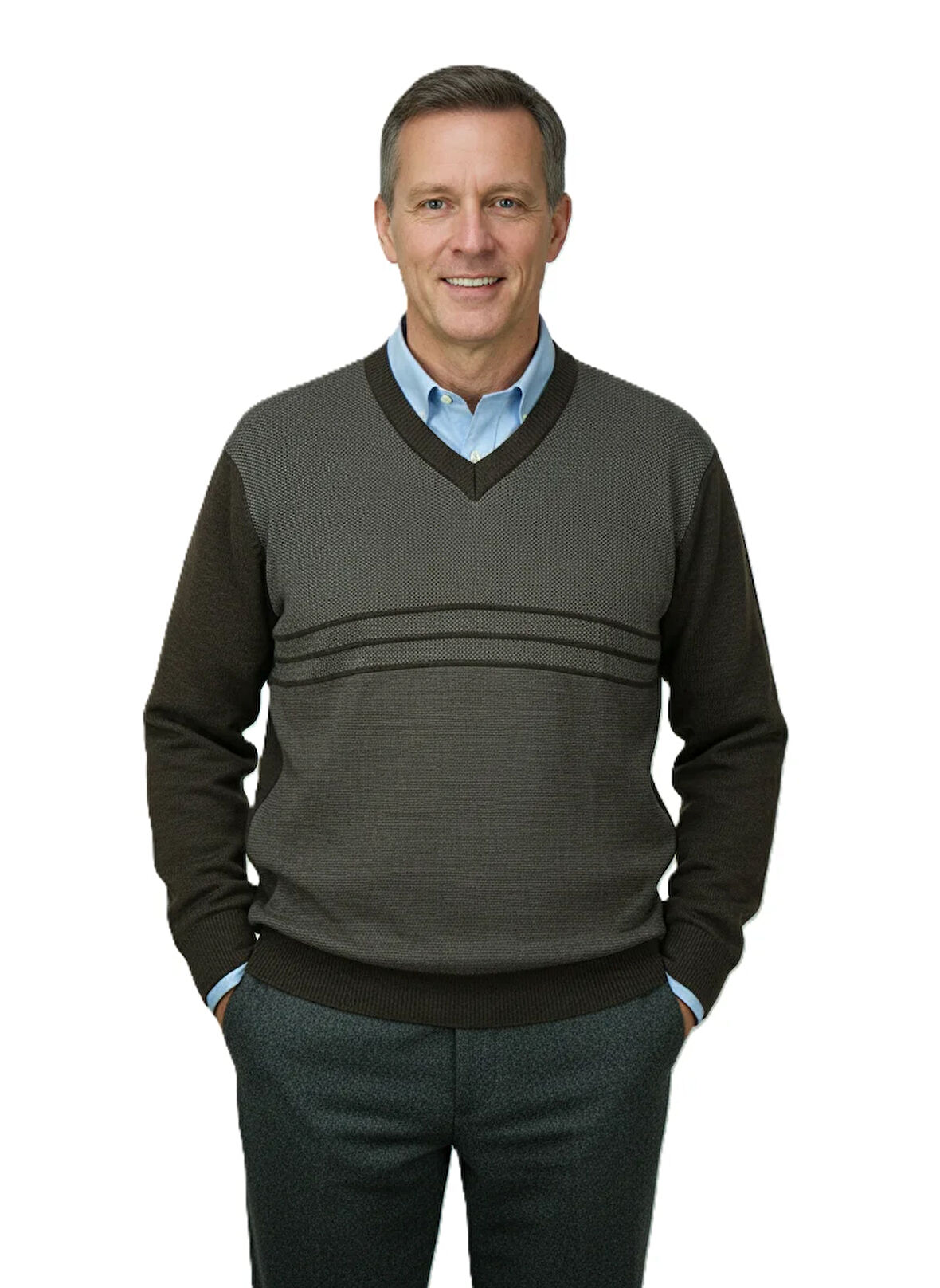 Oppland Erkek Kışlık Kazak Rahat Kesim Triko Dokuma V Yaka Desenli Klasik ve Şık