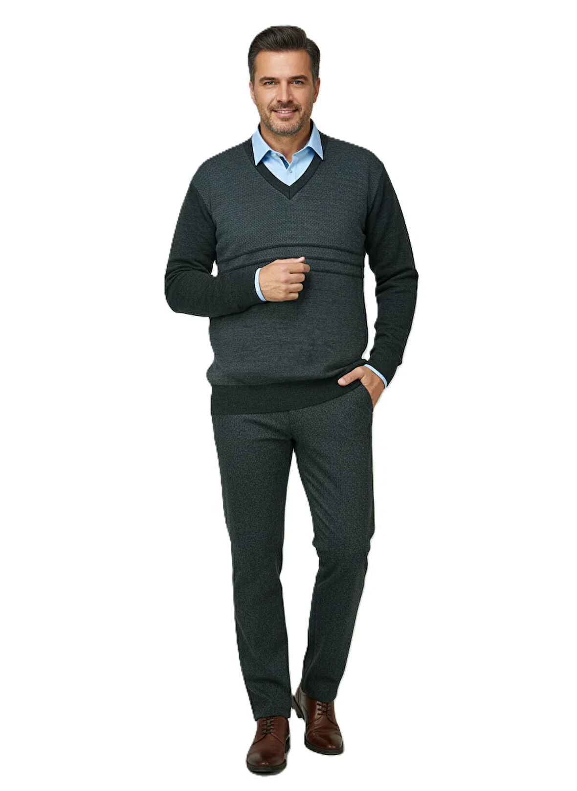 Oppland Erkek Kışlık Kazak Rahat Kesim Triko Dokuma V Yaka Desenli Klasik ve Şık