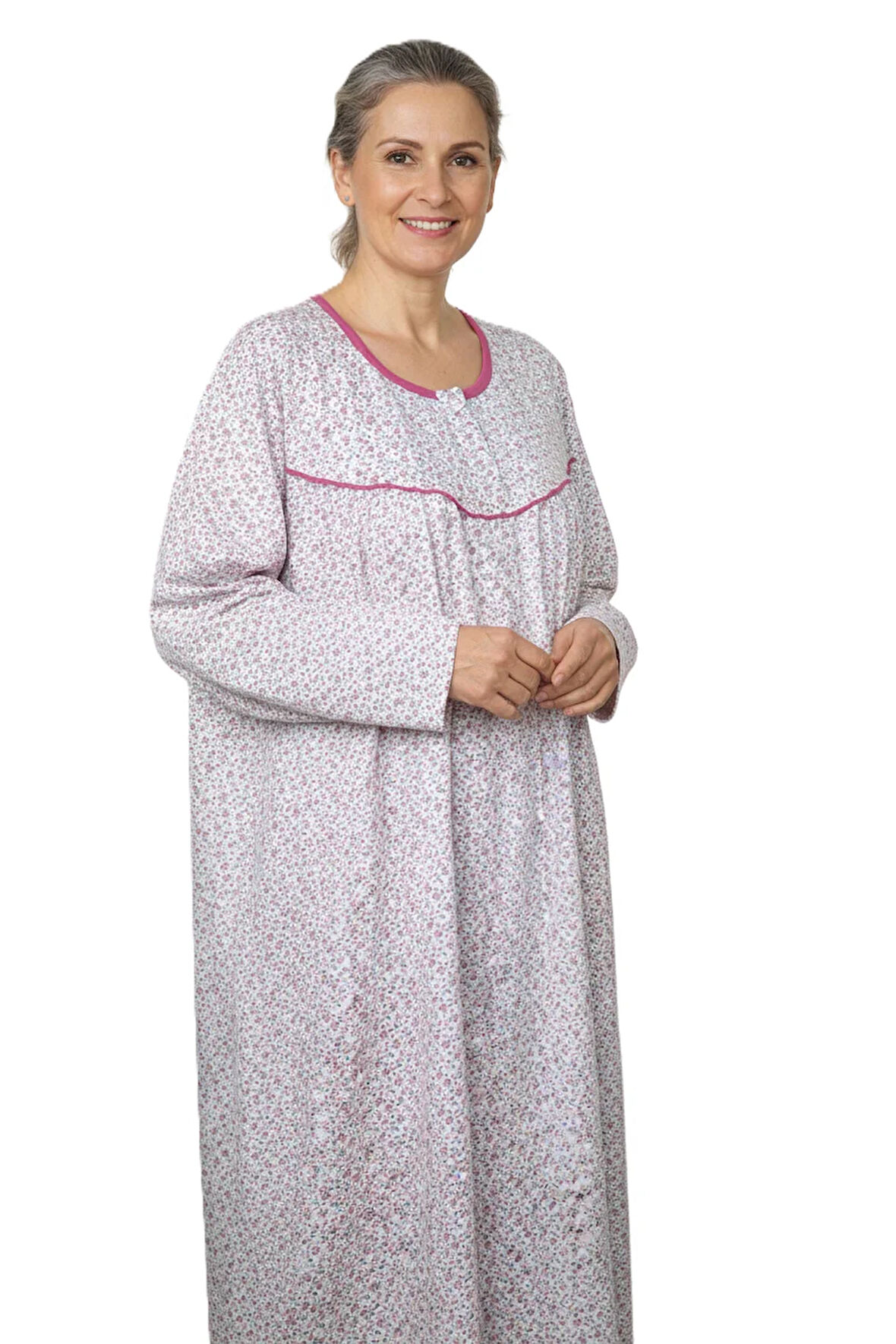 Oppland Kadın Boydan Anne Gecelik Elbise %100 Pamuk Çiçekli Desenli Rahat ve Tam Kalıp