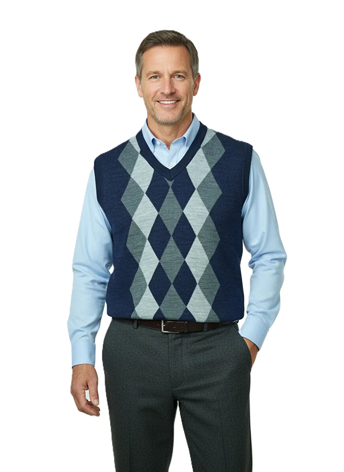 Oppland Erkek Kışlık Süveter Rahat Kesim Triko Dokuma V Yaka Klasik Baklava Desenli