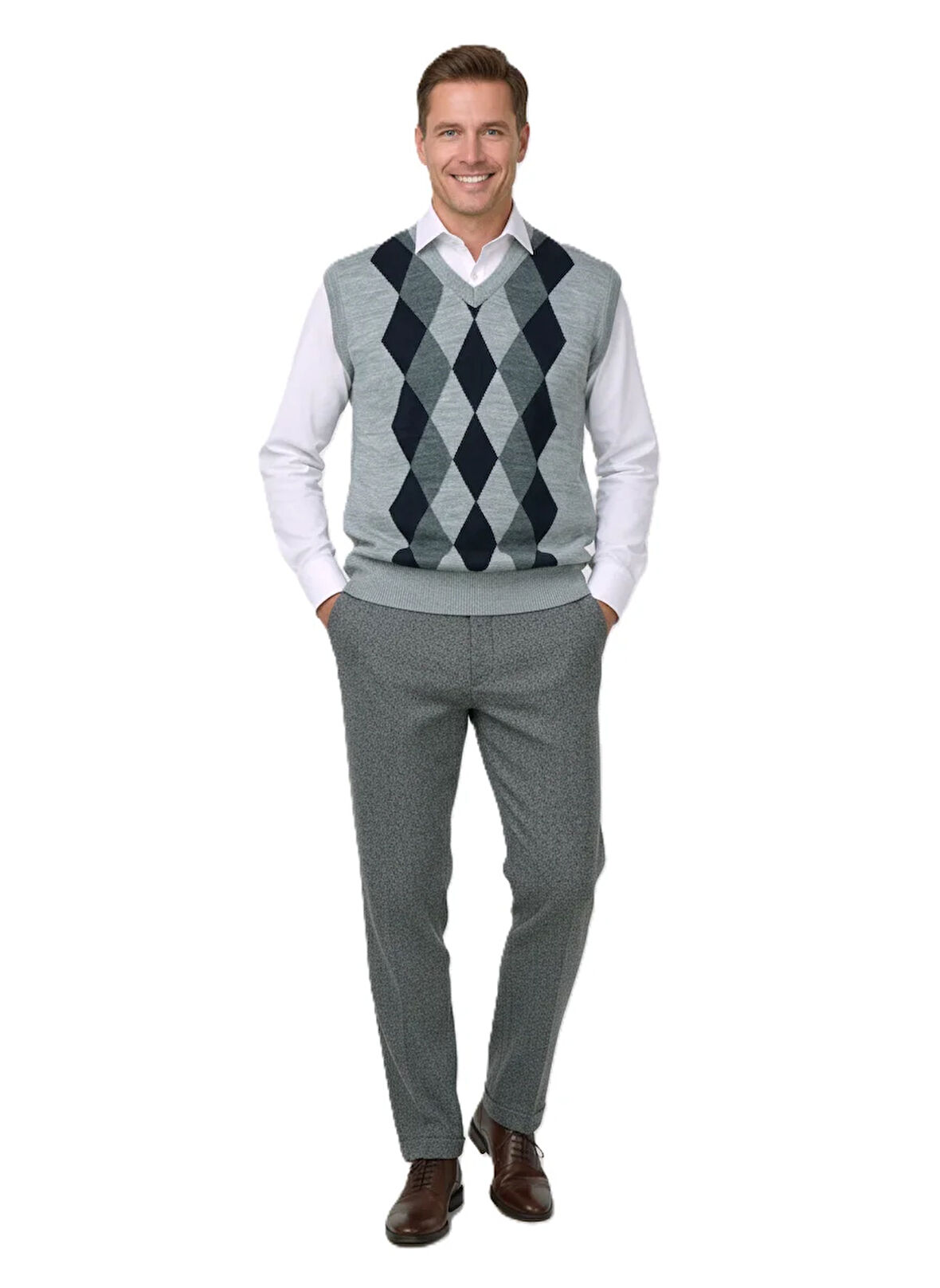 Oppland Erkek Kışlık Süveter Rahat Kesim Triko Dokuma V Yaka Klasik Baklava Desenli