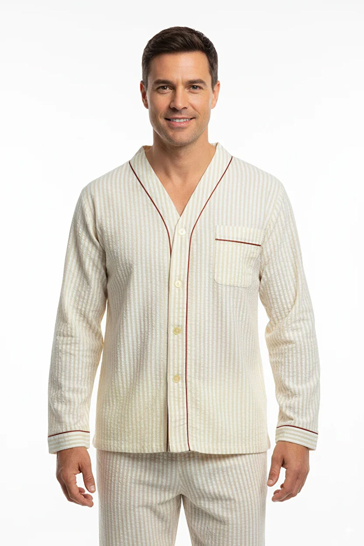 Oppland Erkek Pijama Takımı %100 İpek Kumaş Klasik Model Cepli Rahat Tam Kalıp