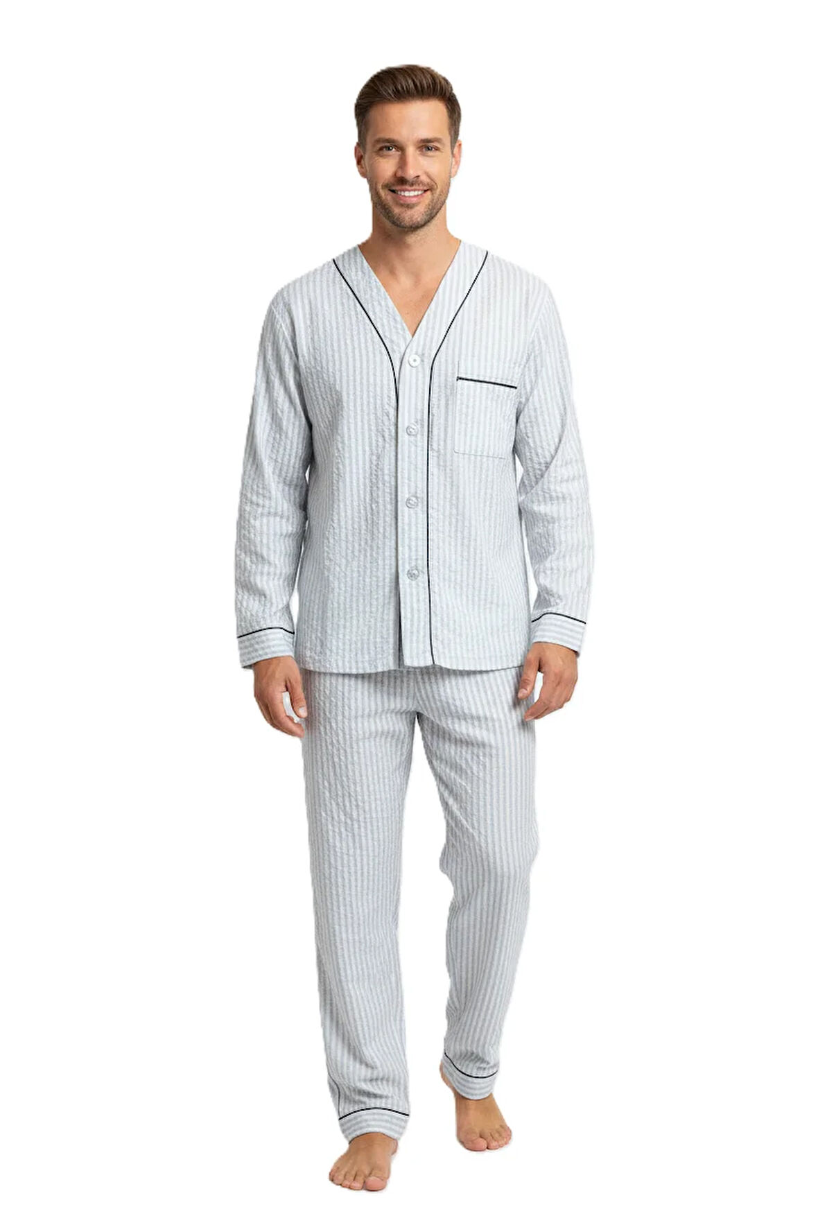 Oppland Erkek Pijama Takımı %100 İpek Kumaş Klasik Model Cepli Rahat Tam Kalıp