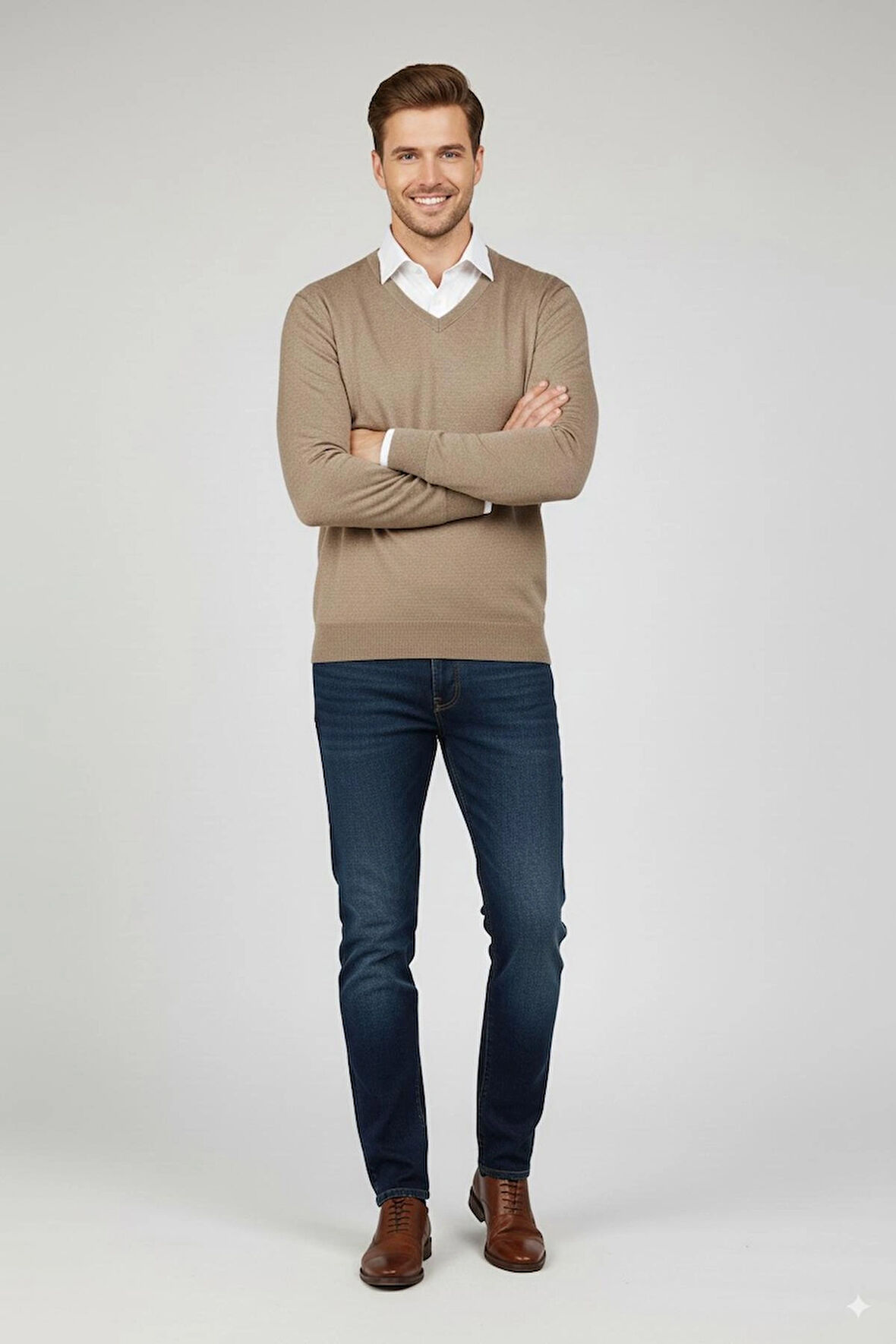 Erkek Uzun Kollu V Yakalı Düz Renk Klasik Model Rahat Kesim Tam Kalıp Yünlü Dokuma Kazak