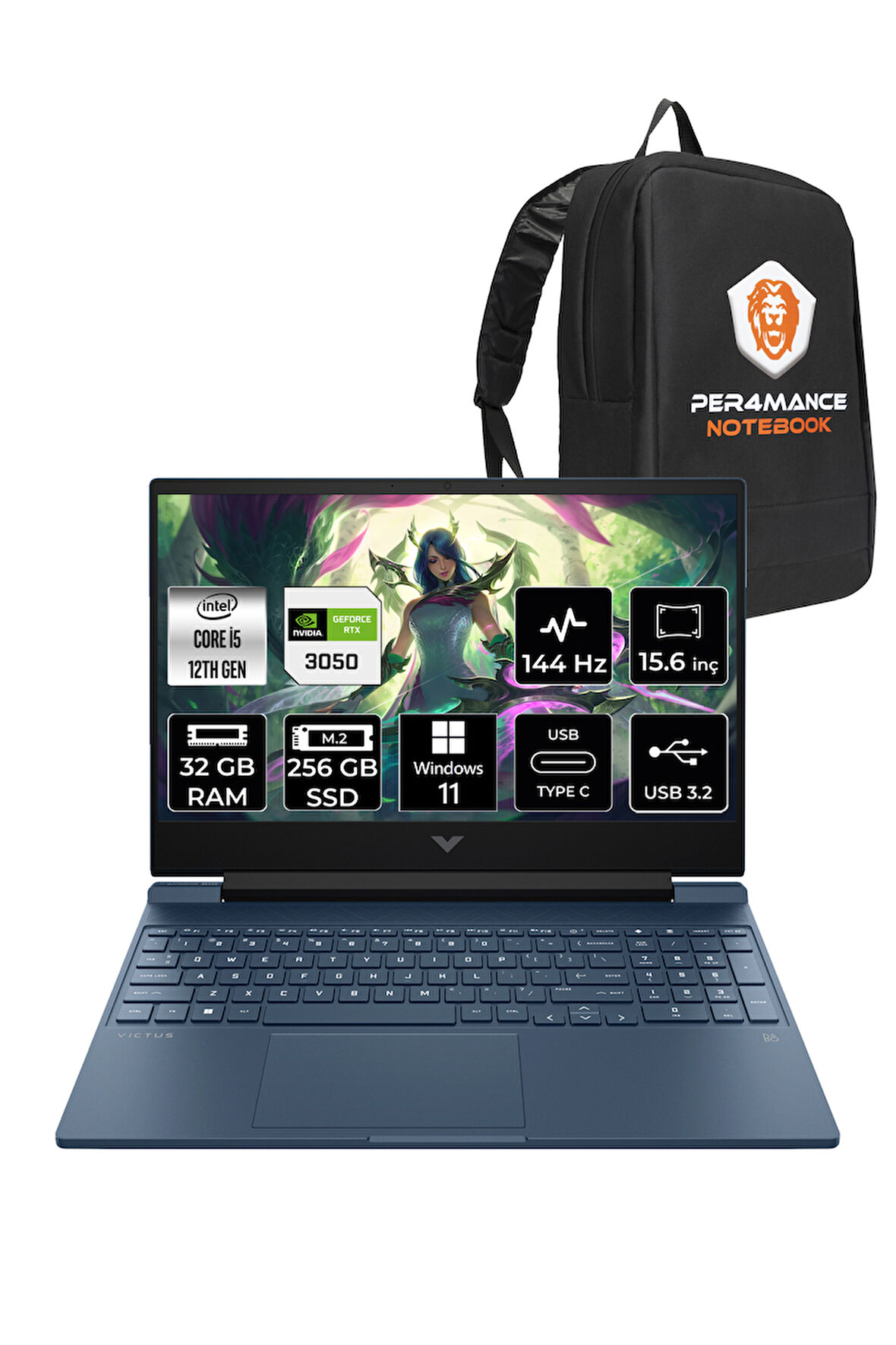 HP Victus 15 i5 12450H 32GB 256GB SSD RTX3050/4GB 144Hz 15.6'' FHD W11P Gaming Laptop & PER4 ÇANTA