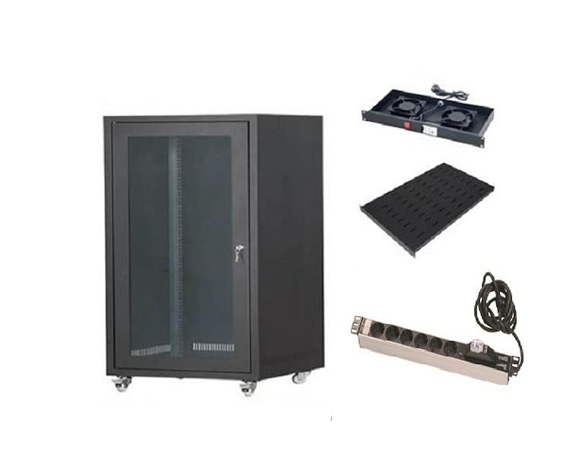 SETRACK 19'' 16U 600X600 CAMLI TEKERLEKLİ RACK KABİNET+FAN+SABİT RAF+PRİZ