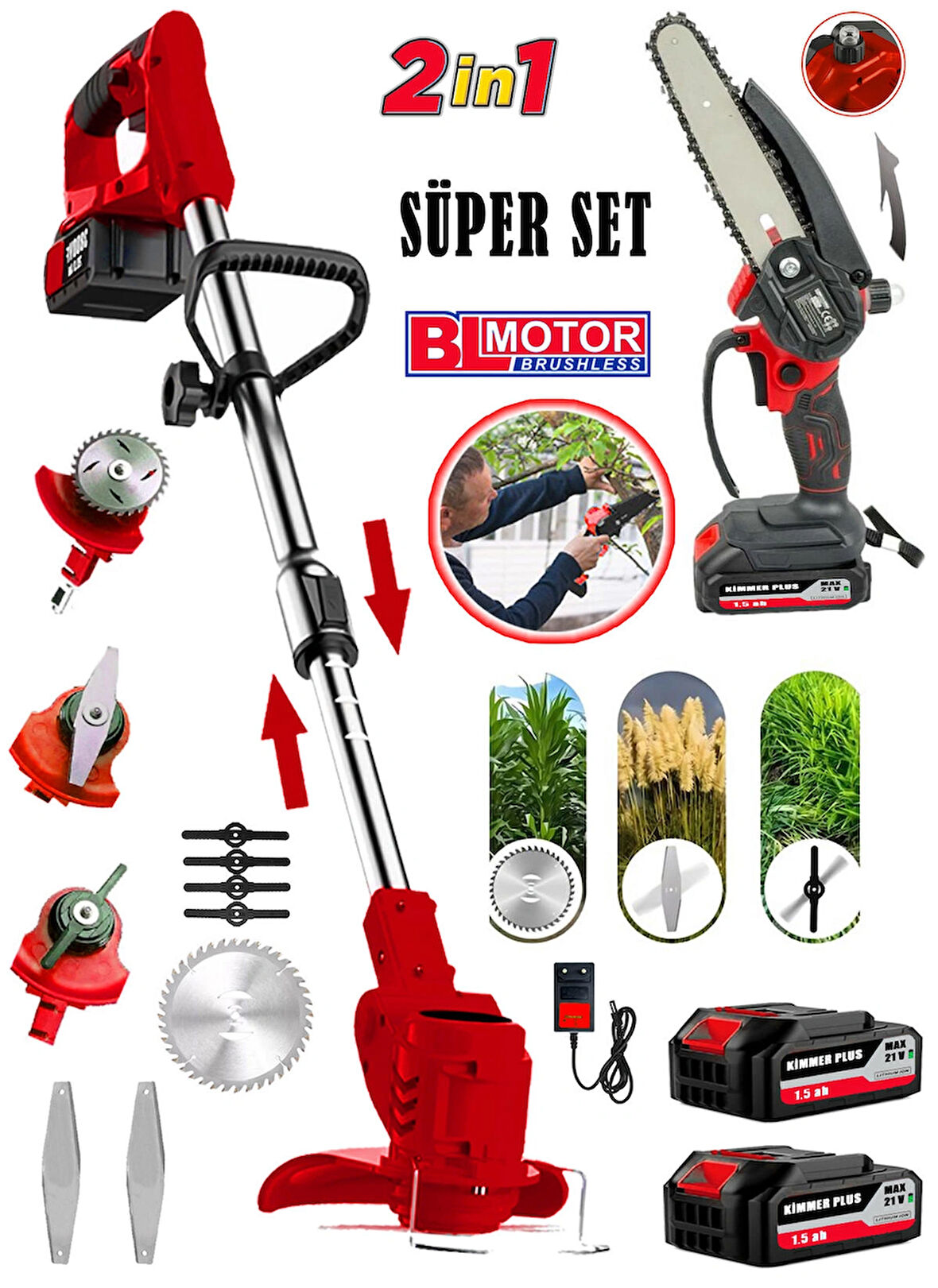 WACKER PRO Kimmer Seri 2180  2 Li Set Yağ Pompalı 17 CM Pala Testere + Akülü Çim Biçme Full Set 2 Bataryalı