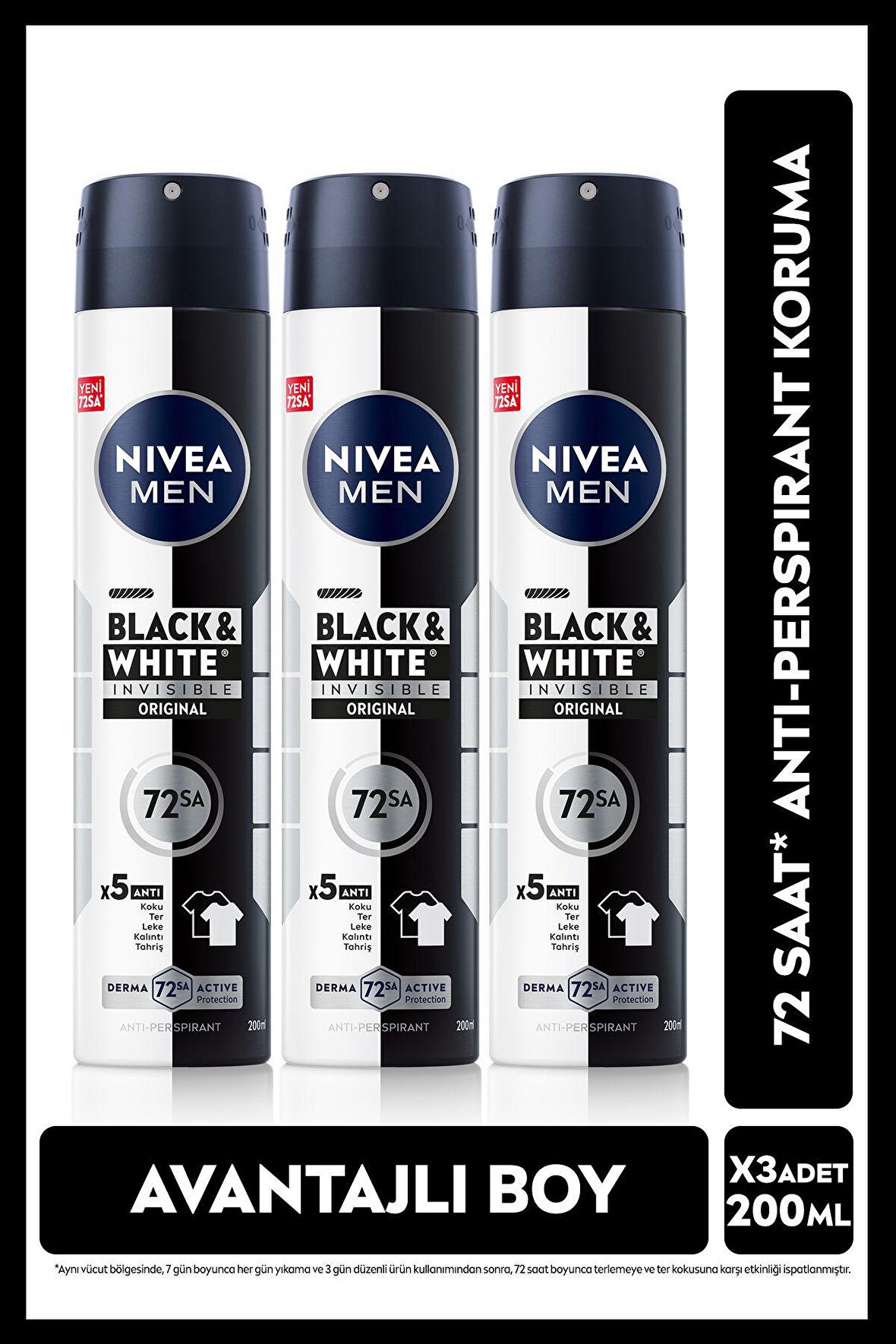 Nivea MEN Erkek Sprey Deodorant Black&White Invisible Original 200ml, 72 Saat Anti-perspirant, X3 Adet