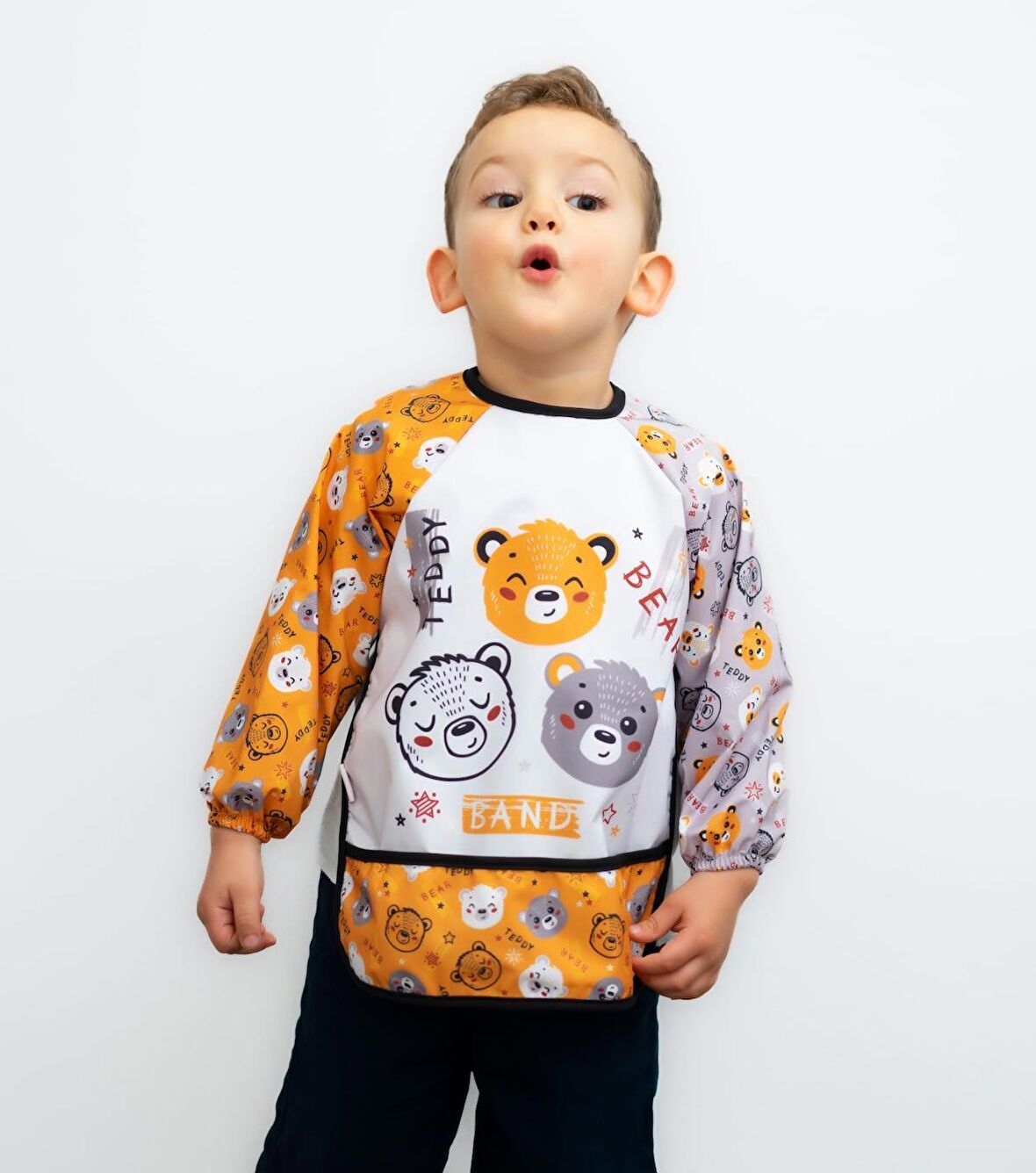 Bear Teddy Desenli Uzun Kollu Unisex Bebek Mama Önlüğü Sıvı Geçirmez