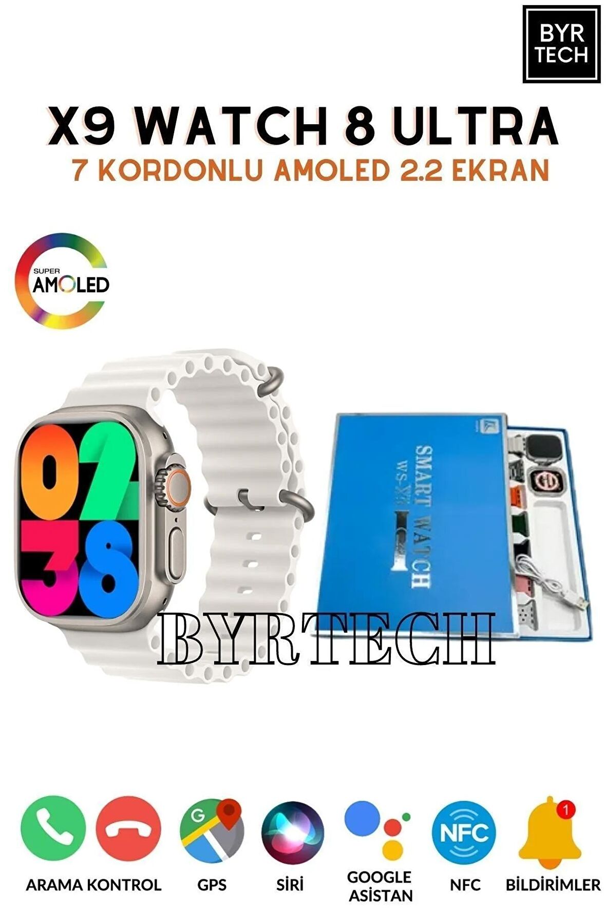 Smartwatch X9 Ultra 7 Uyumlu Kordonlu 49mm Amoled Ekran Watch 8 Ultra Akıllı Saat Hediye Paketi