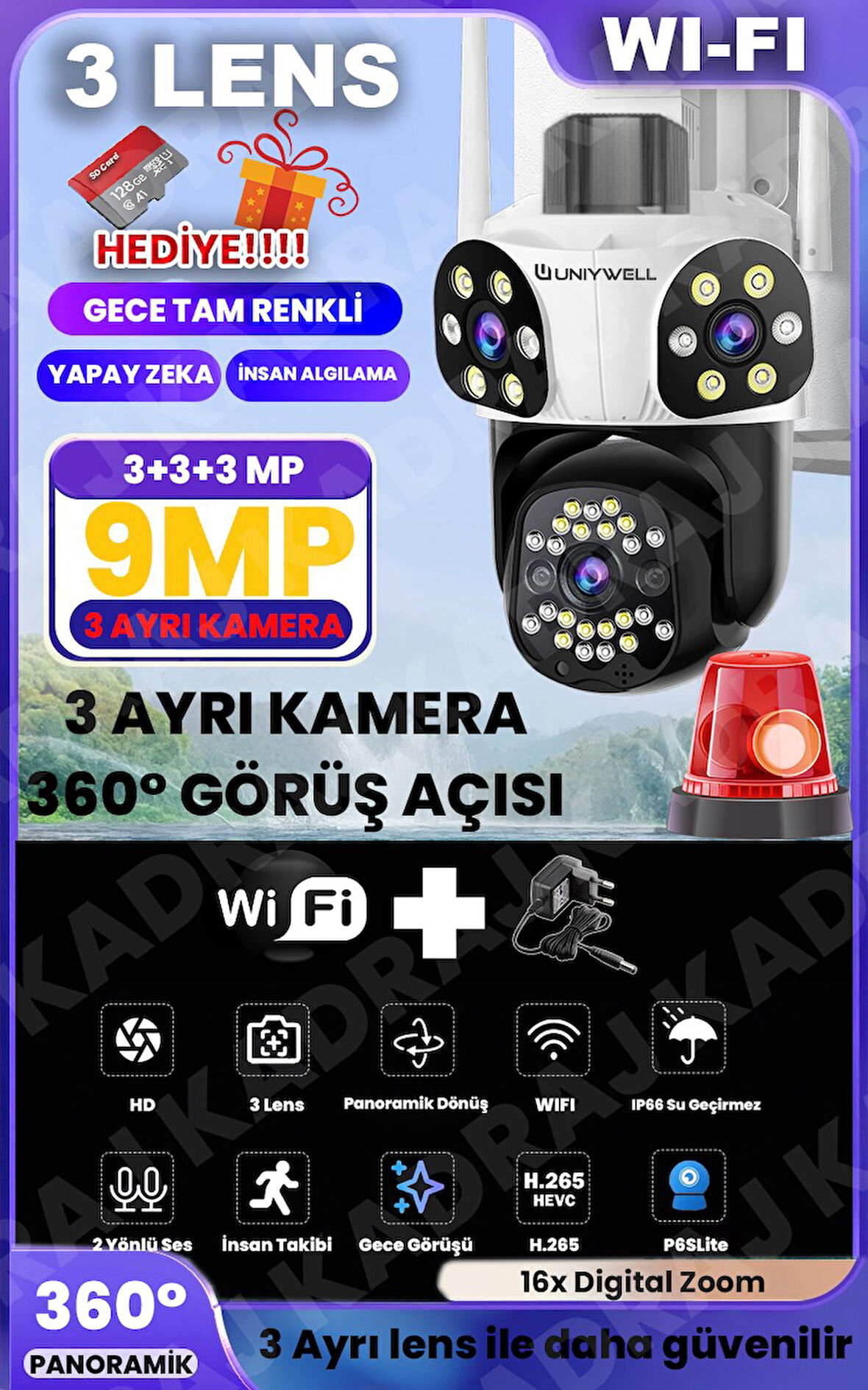 WIFI Güvenlik Kamerası | 9MP | 12V DC | 2 Yönlü Ses | Hareket Algılama | Tam Renki Gece Görüşü | Ala