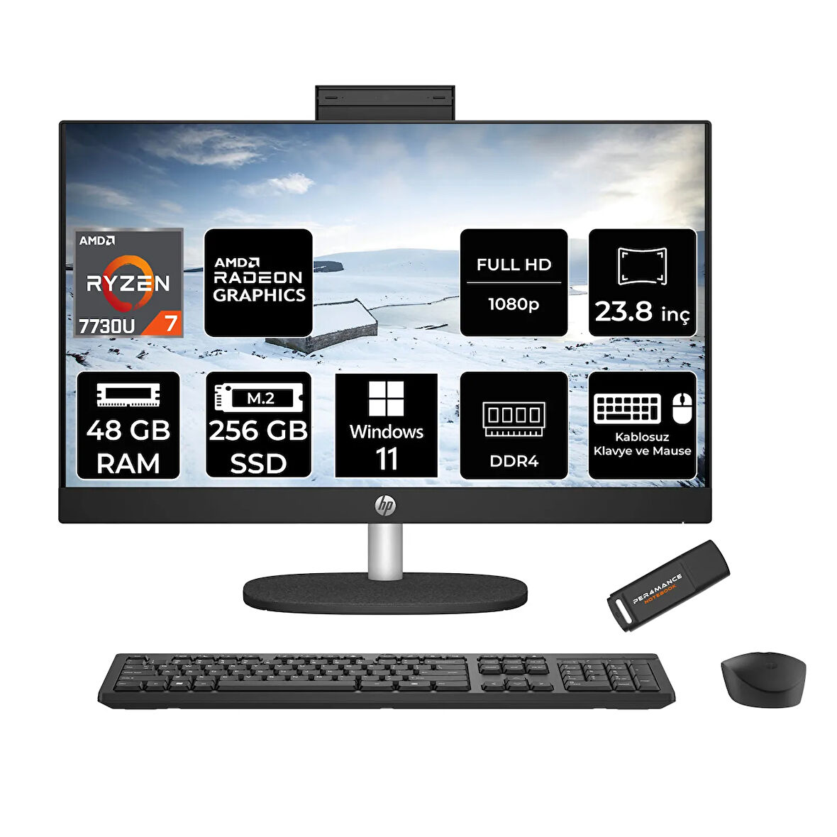 HP 24-CR0013NT R7 7730U 48GB 256GB SSD Radeon Graphics 23.8" FHD IPS W11H All In One PC Siyah & PER4