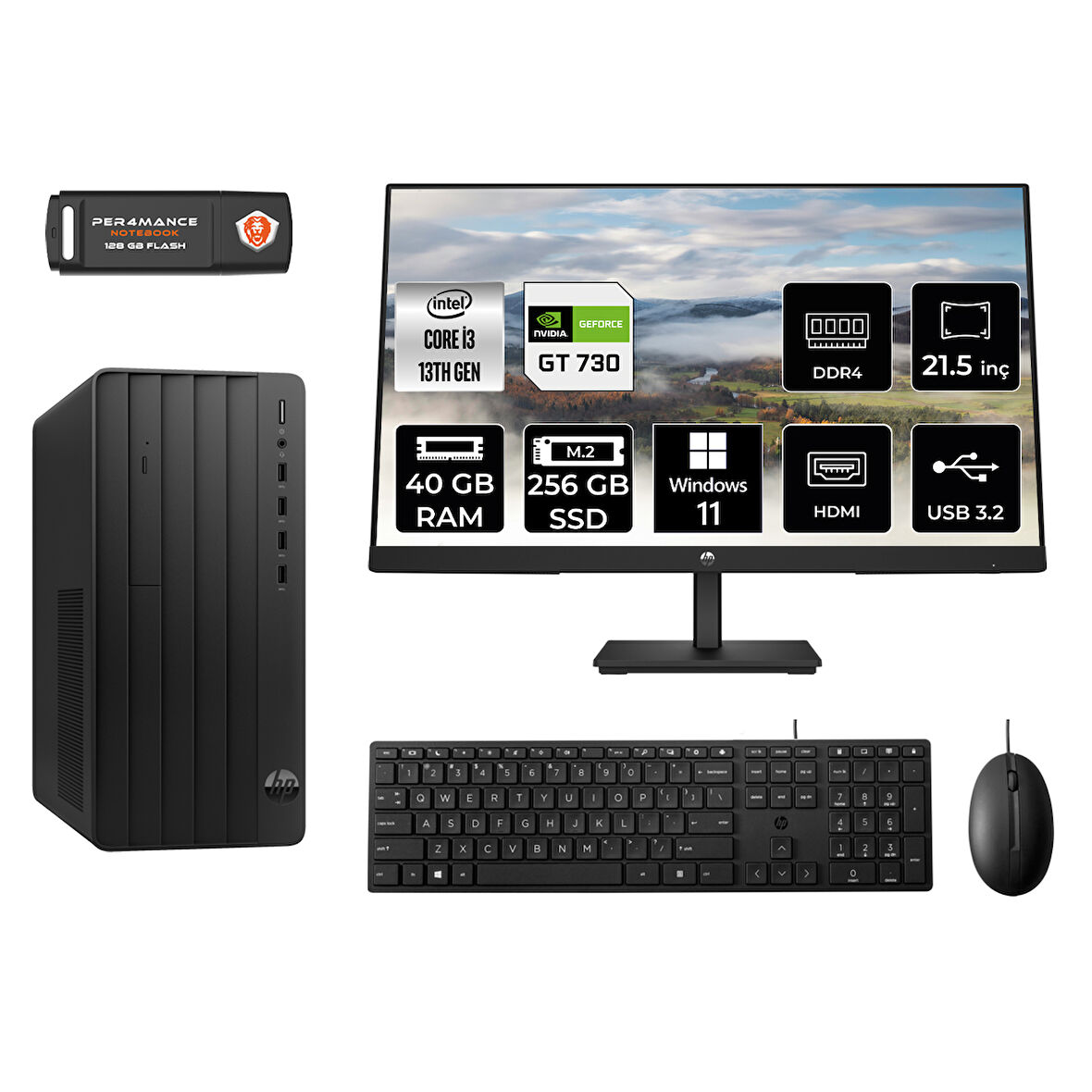 HP PRO TOWER 290 G9 MX0ESD436 i3 13100 40GB RAM 256GB SSD GT730 4GB 21.5" W11P MASAÜSTÜ PC