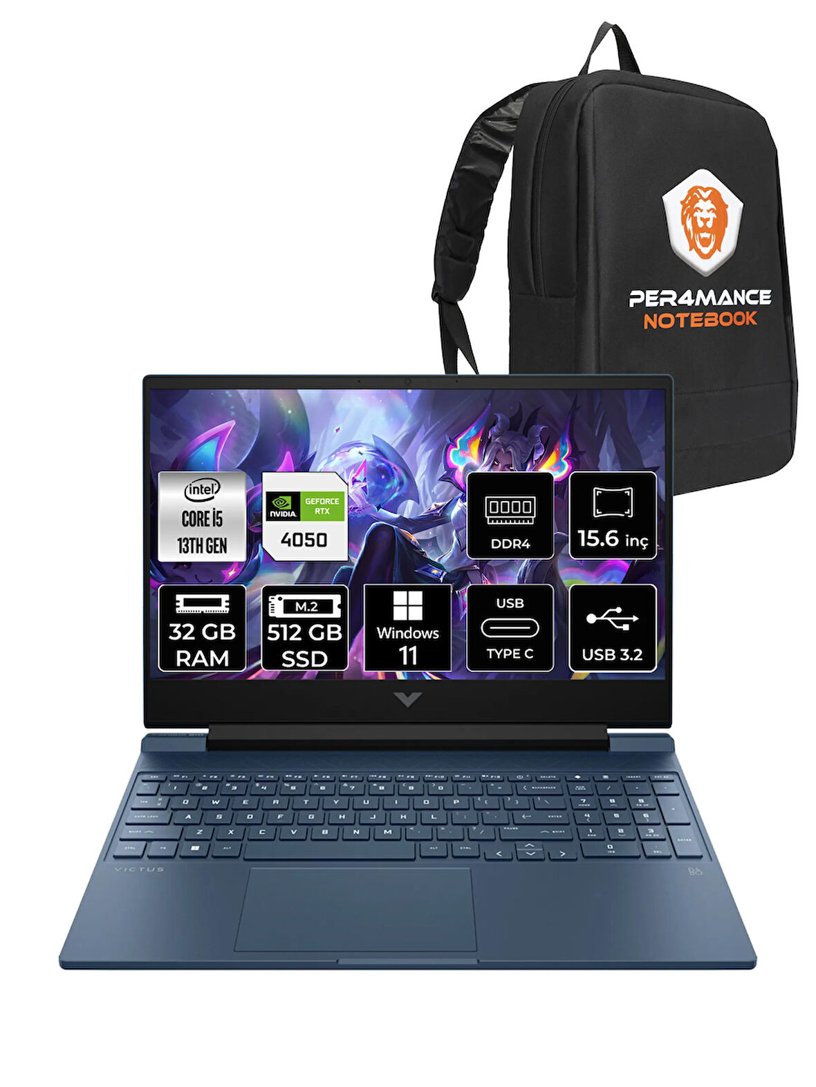 HP Victus 15 i5 13500H 32GB 512GB SSD RTX4050/6GB 144Hz 15.6'' FHD W11H Gaming Laptop & PER4 ÇANTA