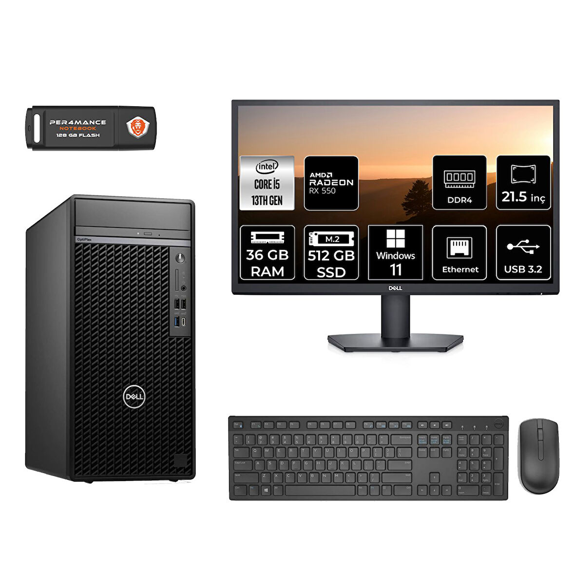DELL OPTILEX 7010 MNO7010D282 i5 13500 36GB RAM 512GB SSD RX550 4GB 21.5" W11P MASAÜSTÜ PC