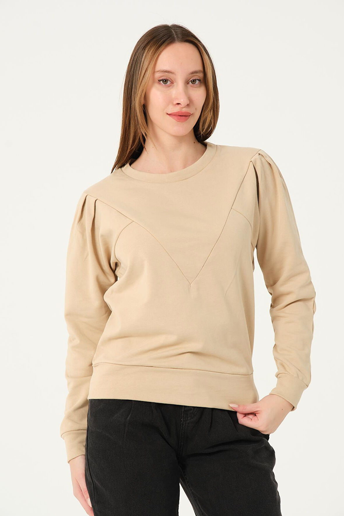 P-004955 - Kadın Pamuklu Uzun Kollu Sweatshirt - BEJ