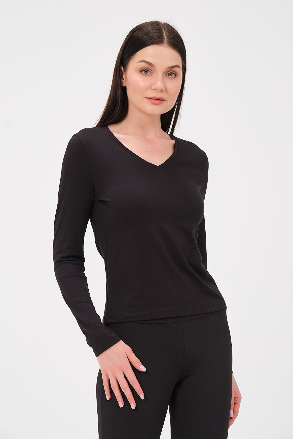 P-009963 - Kadın V Yaka Basic Uzun Kollu Likralı Süprem T-shirt - SİYAH