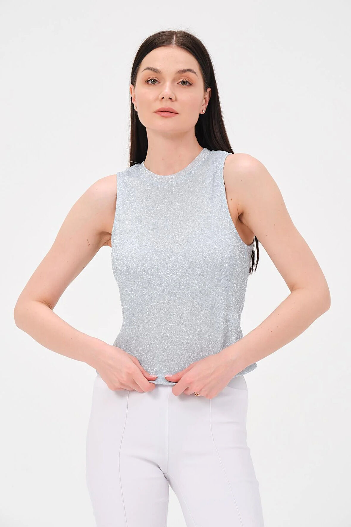 P-009969 - Kadın Bisiklet Yaka Simli Top T-shirt - MAVİ