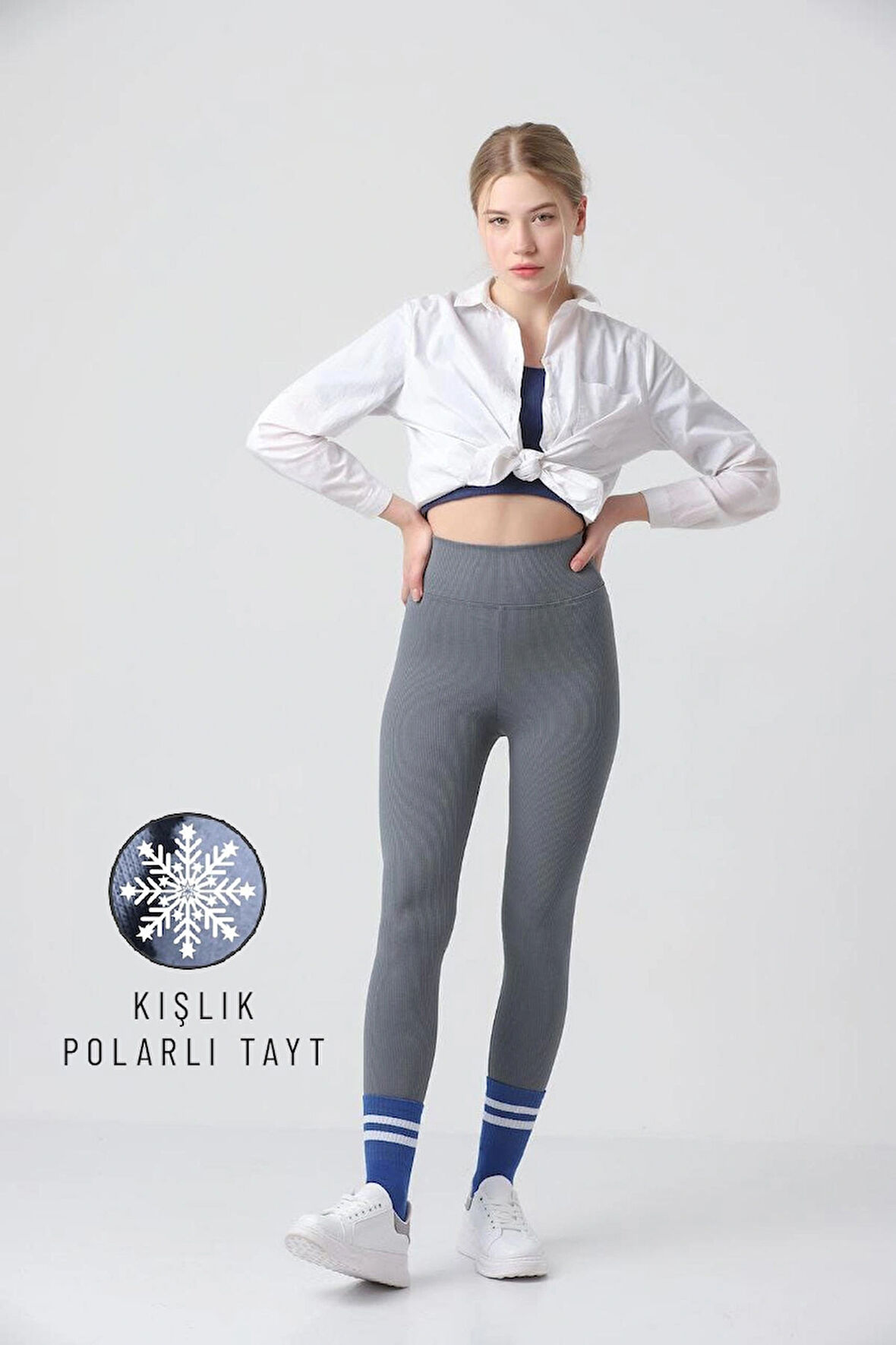 Kışlık Polarlı Fitilli Kadın Yüksek Bel Dikişsiz Tayt Gri S