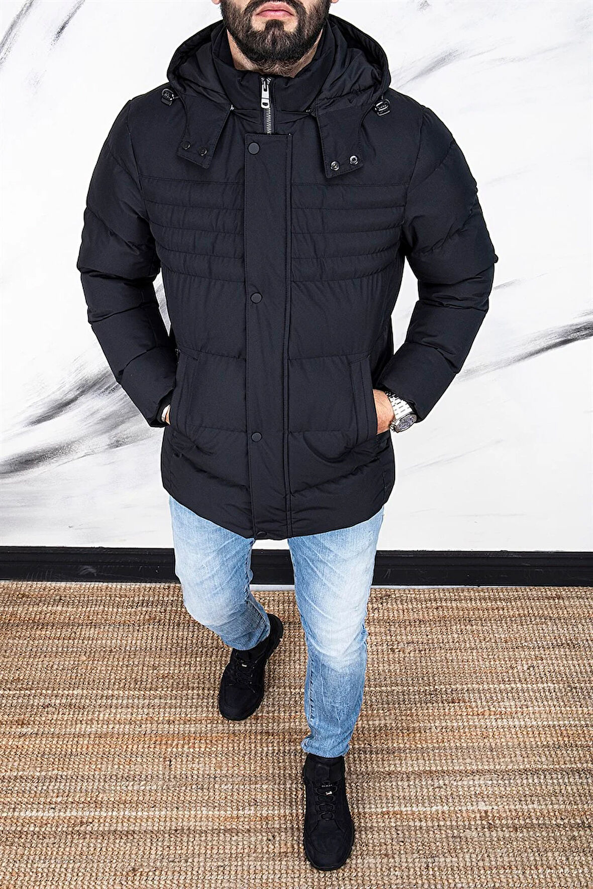 ERKEK SİYAH KAPŞONLU SPOR MONT