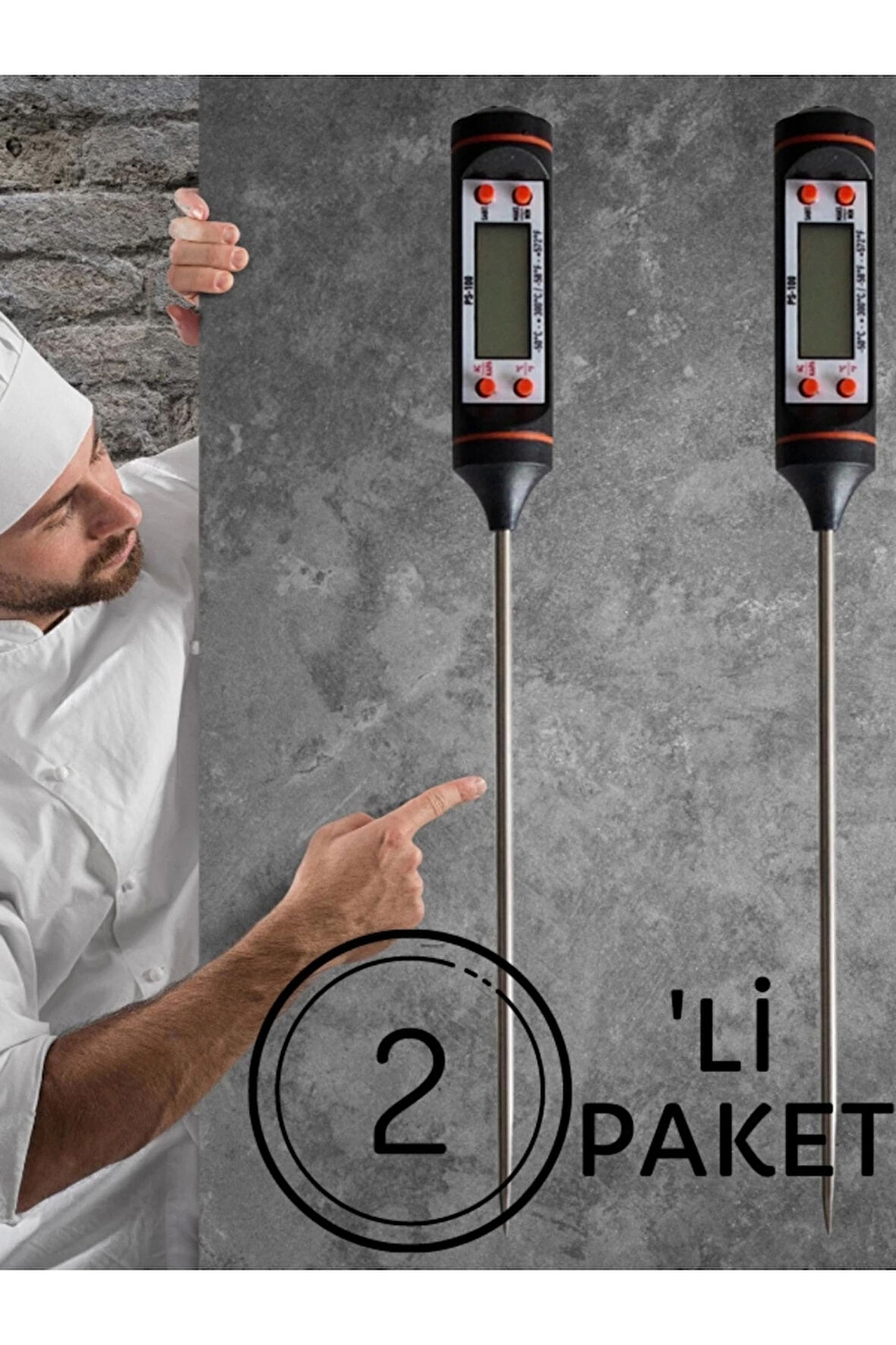 Dijital LCD 2 Adet Siyah Renk Gıda Yemek Termometresi Yemek Isı Ölçer Pil Hediyeli