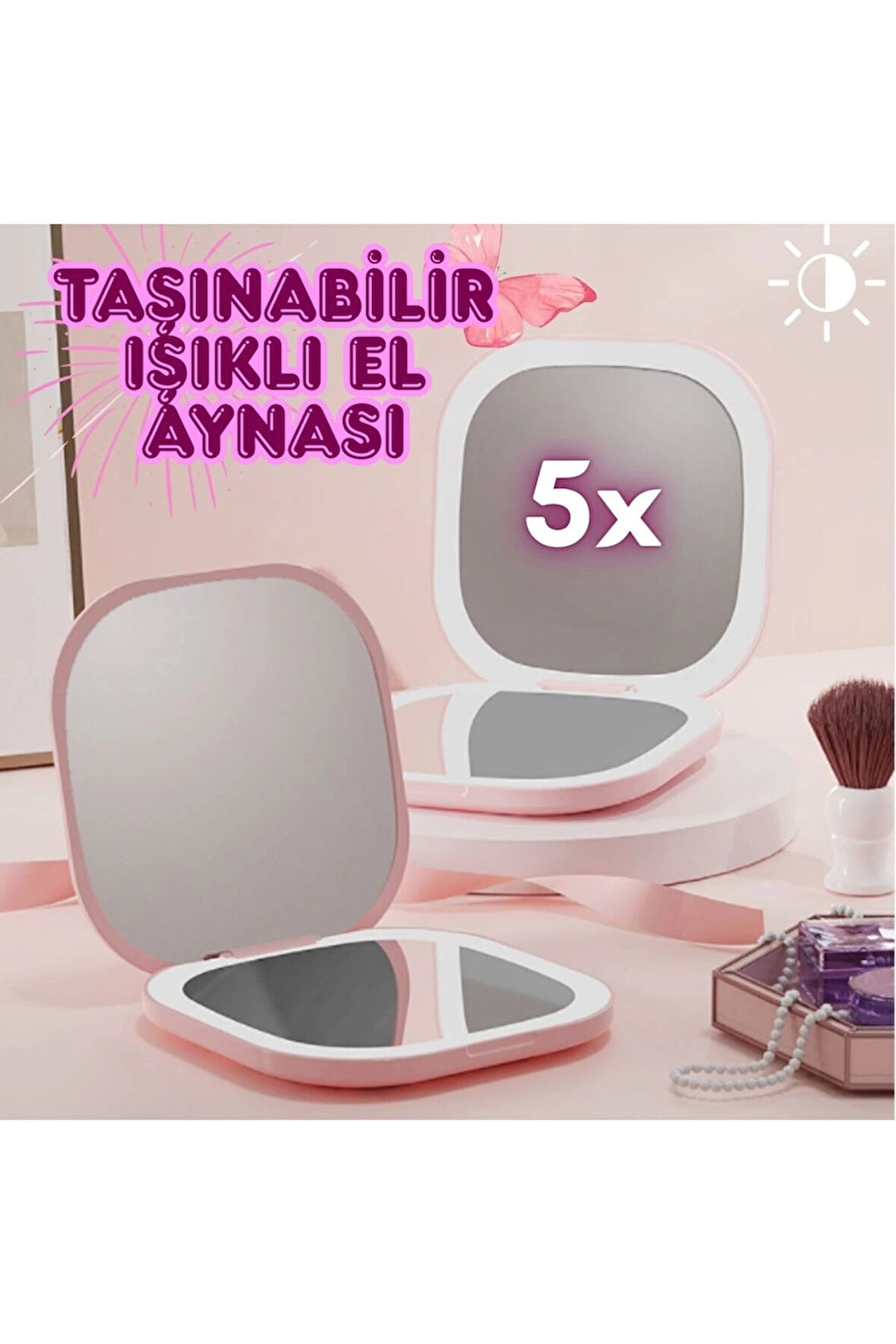 LEDli Makyaj Çantası Aynası, Parlaklık Ayarlı Katlanabilen Seyehat Aynası El Makyaj Aynası