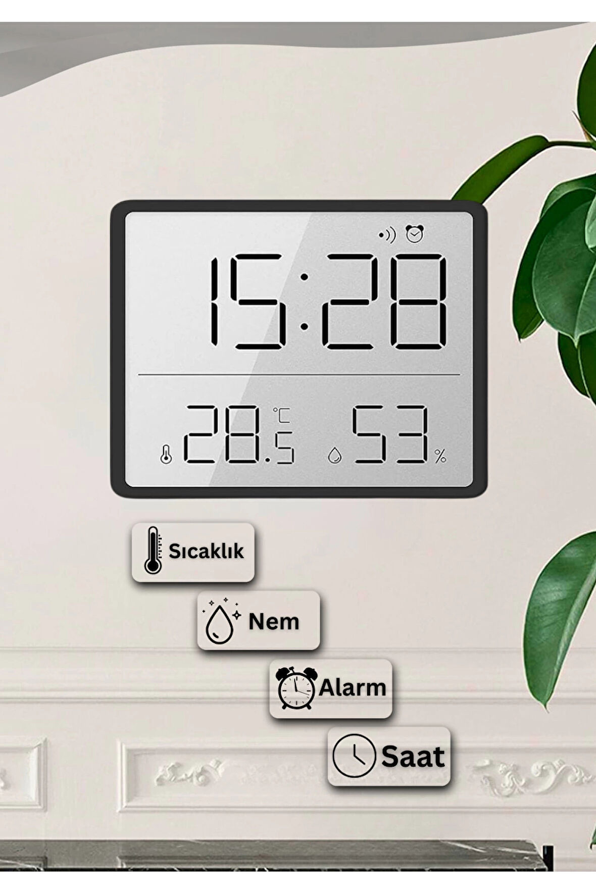 Dijital Duvar Saati Termometre Sıcaklık Ve Nem Ölçer Masa Saati Alarm LCD Ekran Duvara Takılır BEYAZ