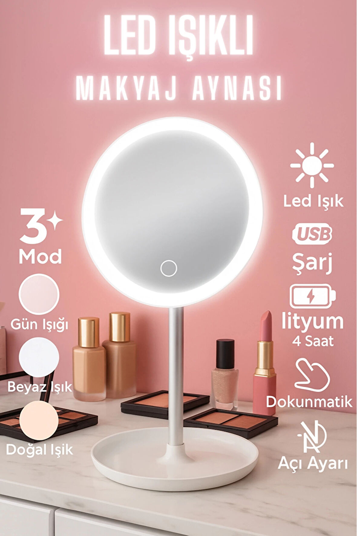 Dokunmatik Led Işıklı Usb Li Yuvarlak Masa Üstü Makyaj Aynası Makyaj Aynası Ledli